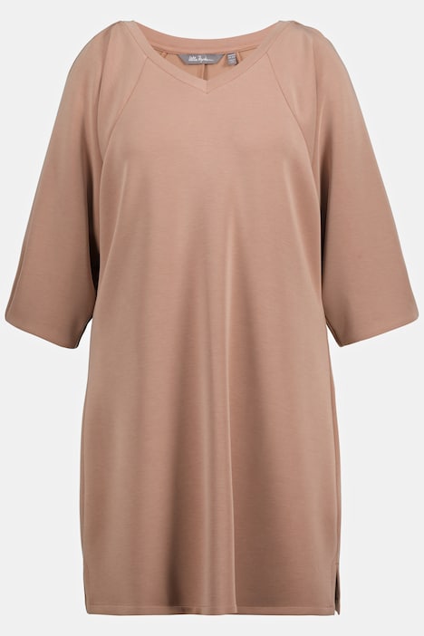 Sweatkleid, Zierfalten, V-Ausschnitt, 3/4-Arm