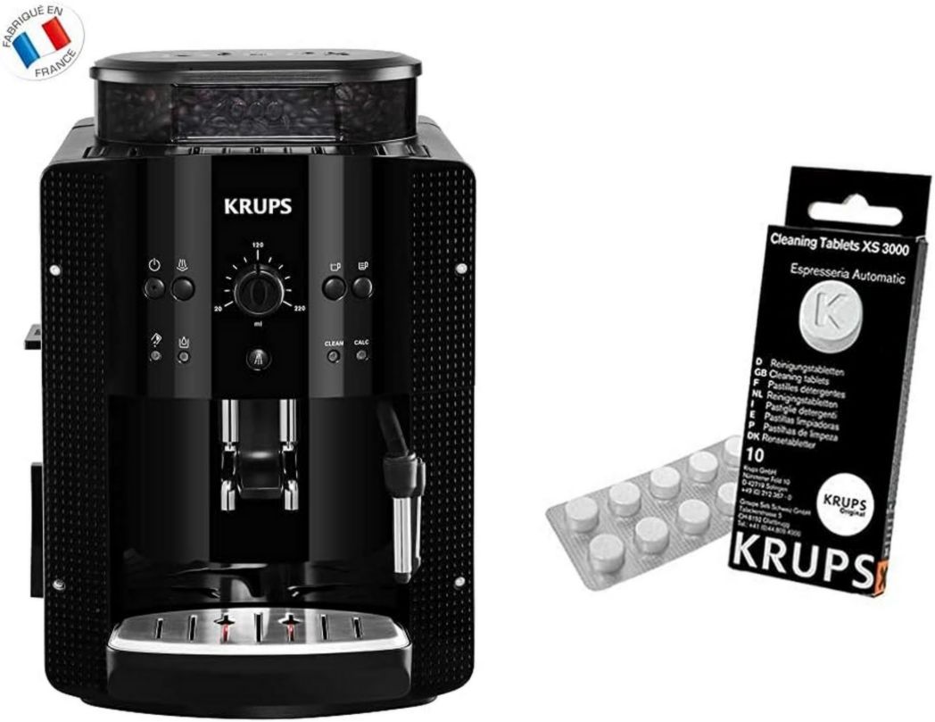 KRUPS ESSENTIAL BLACK Machine à café à grains avec moulin à grains Machine à expresso 2 tasses et tablettes de détergent Espresseria Compatible avec Full Auto EA/XP et Rowenta ES Accessoire officiel