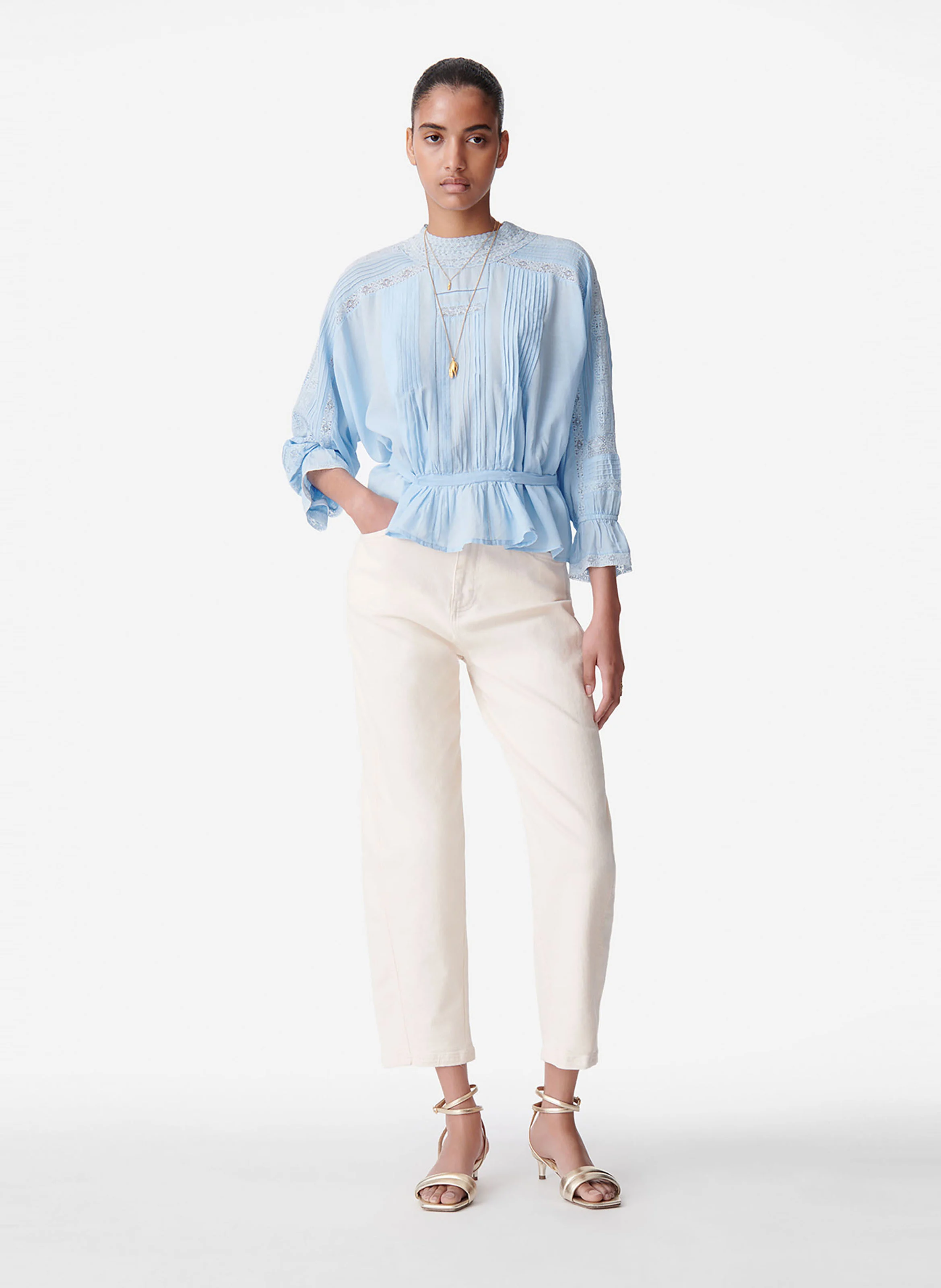 VIVA - Blouse col rond en dentelle et coton mélangé| Bleu