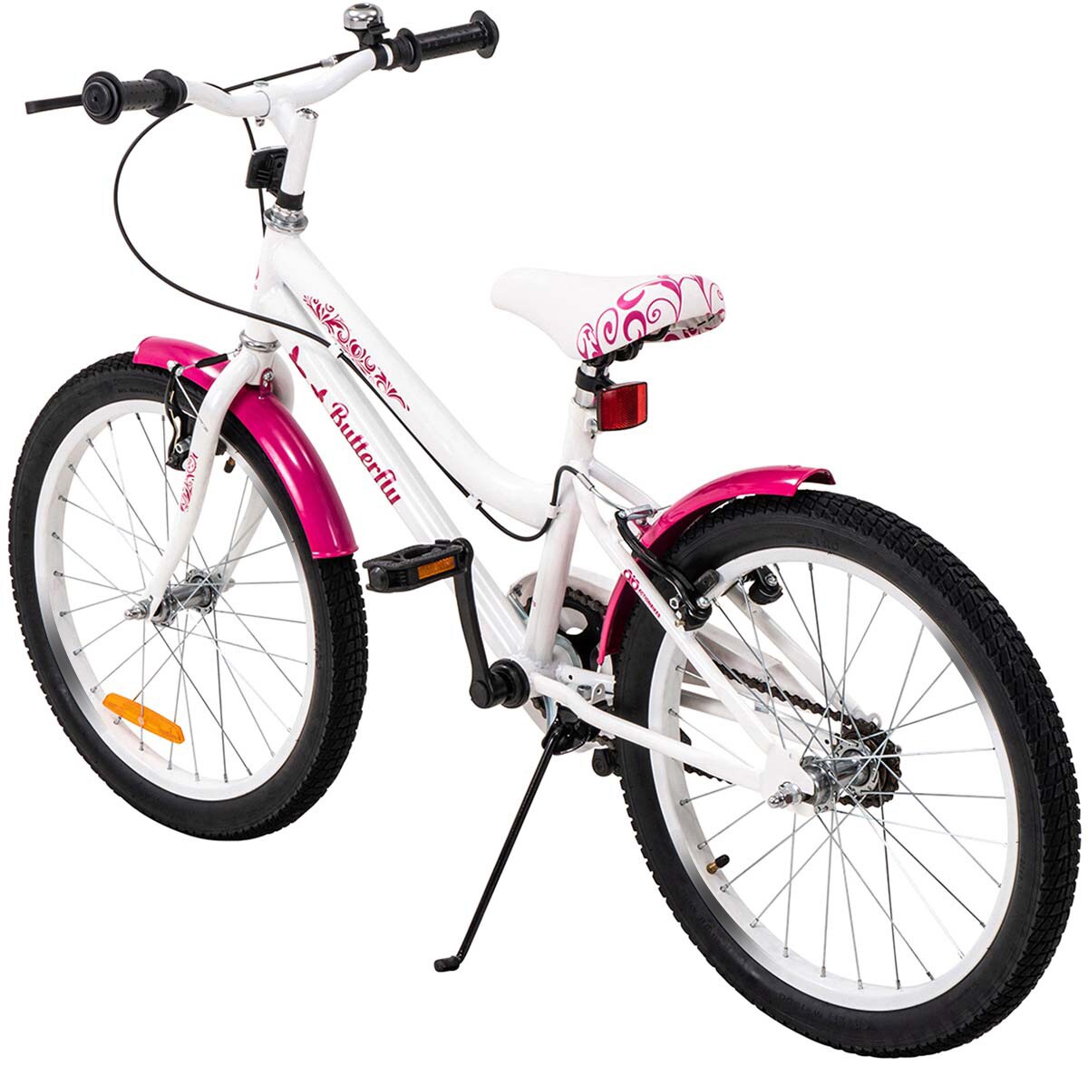 Actionbikes Kinderfahrrad Butterfly 20 Zoll, Pink, Fahrradständer, Kettenschutz, Antirutschgriffe (Weiß/Pink)