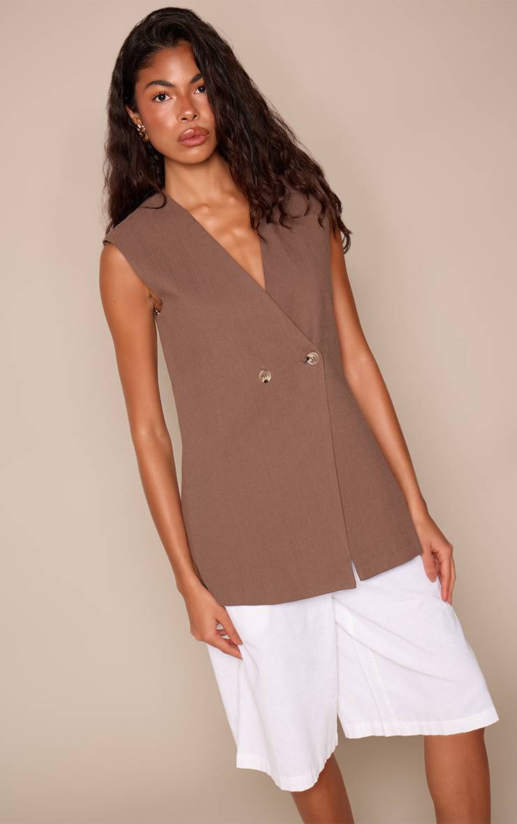 Chocolat Blazer Long Sans Manches À Boutonnage