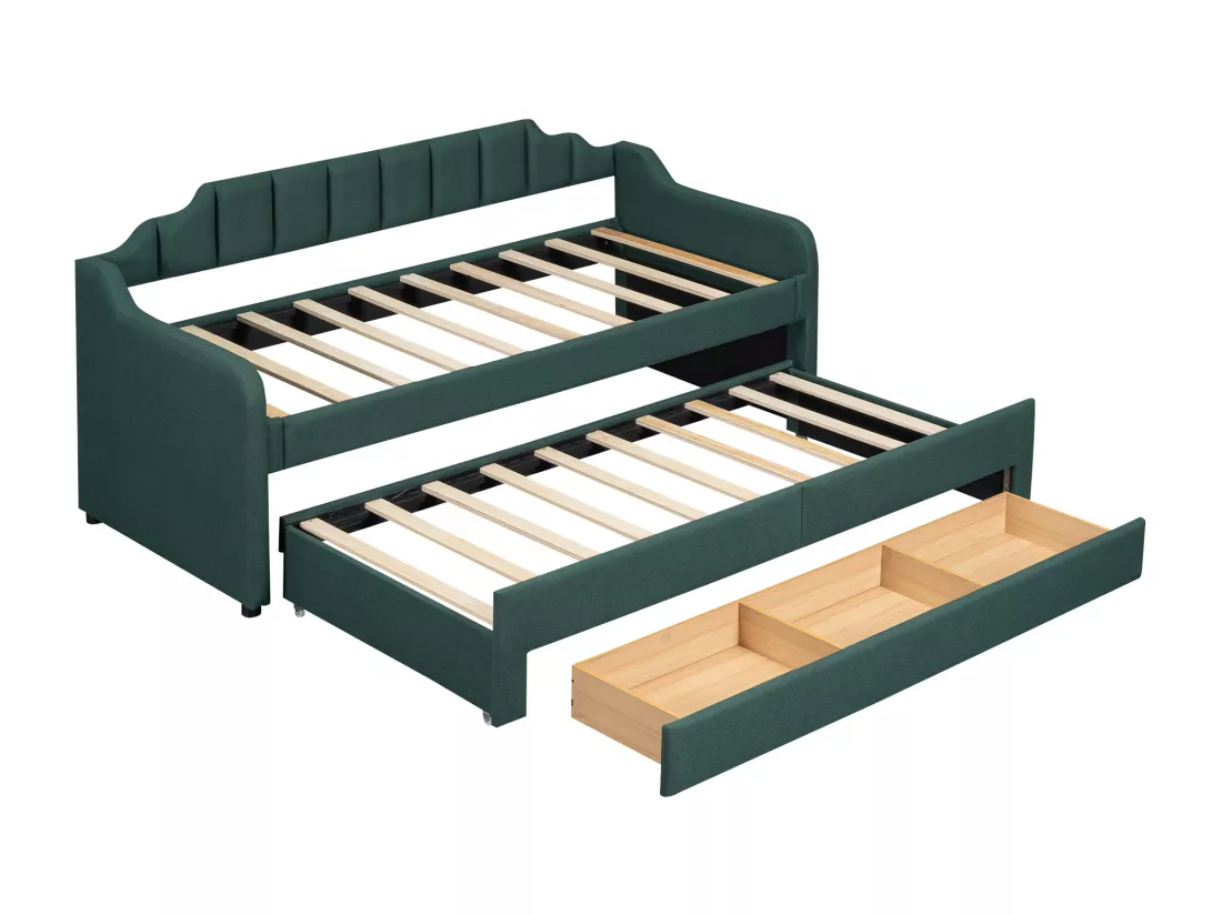 Lit banquette avec tiroirs rembourré en lin - 90x200cm + 90x190cm - Vert Sapin