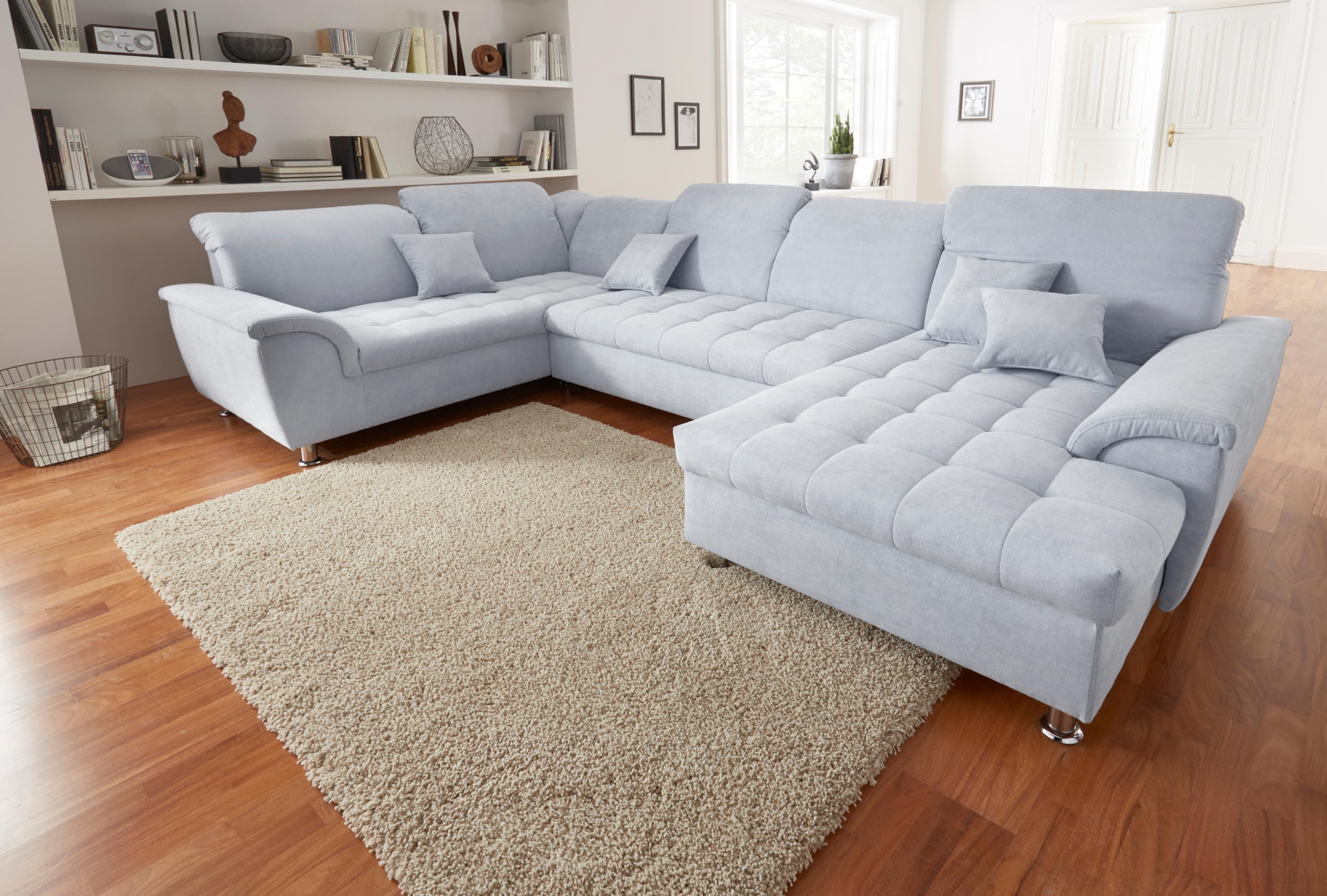 DOMO collection Wohnlandschaft »Franzi optional mit Bettfunktion, Bettkasten & Kopfteilverstellung« U-Form, Recamiere rechts, pastelblau, B/T: 344/206 cm