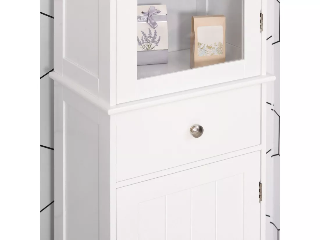 Meuble colonne de salle de bain placard porte acrylique 2 étagères placard porte 1 étagère tiroir MDF blanc