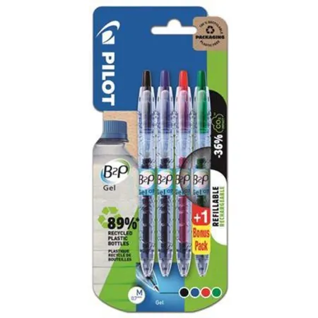 Pilot Gelschreiber „Bottle 2 Pen“ 07 (M) BeGreen Schwarz, Rot, Blau und Grün gratis Blister