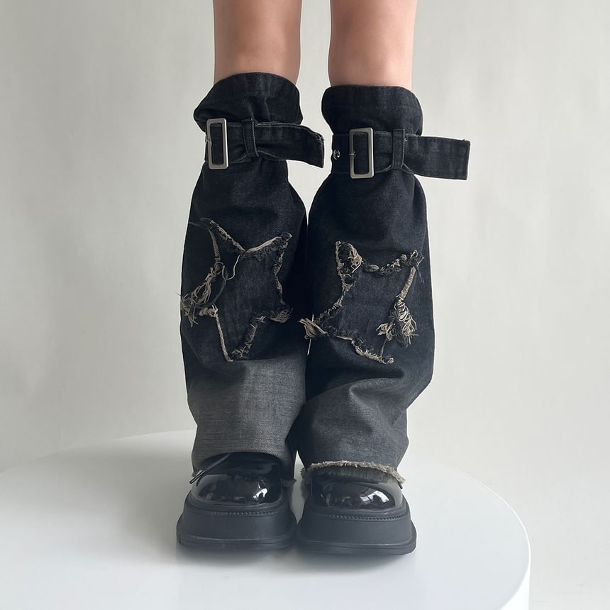 Allinya - Fray denim beenwarmers met gewassen appliqué