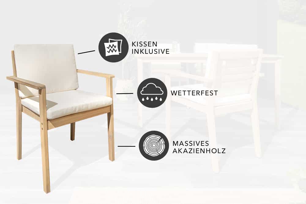 Massiver Gartenstuhl KOPENHAGEN natur Akazienholz beige Outdoor inkl. Kissen
