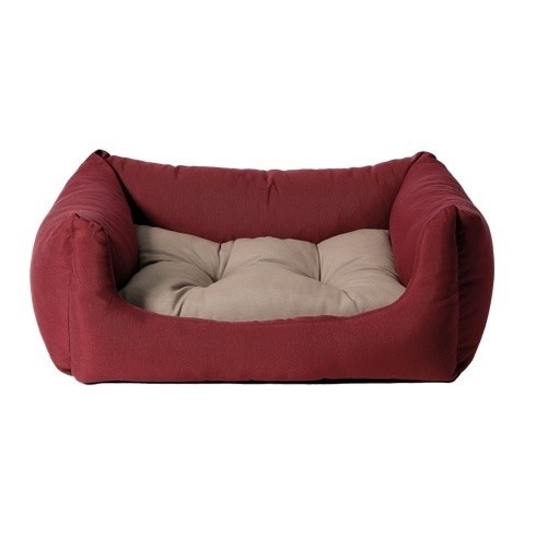 Cama de lona confortável para cães nas cores bordô e bege.