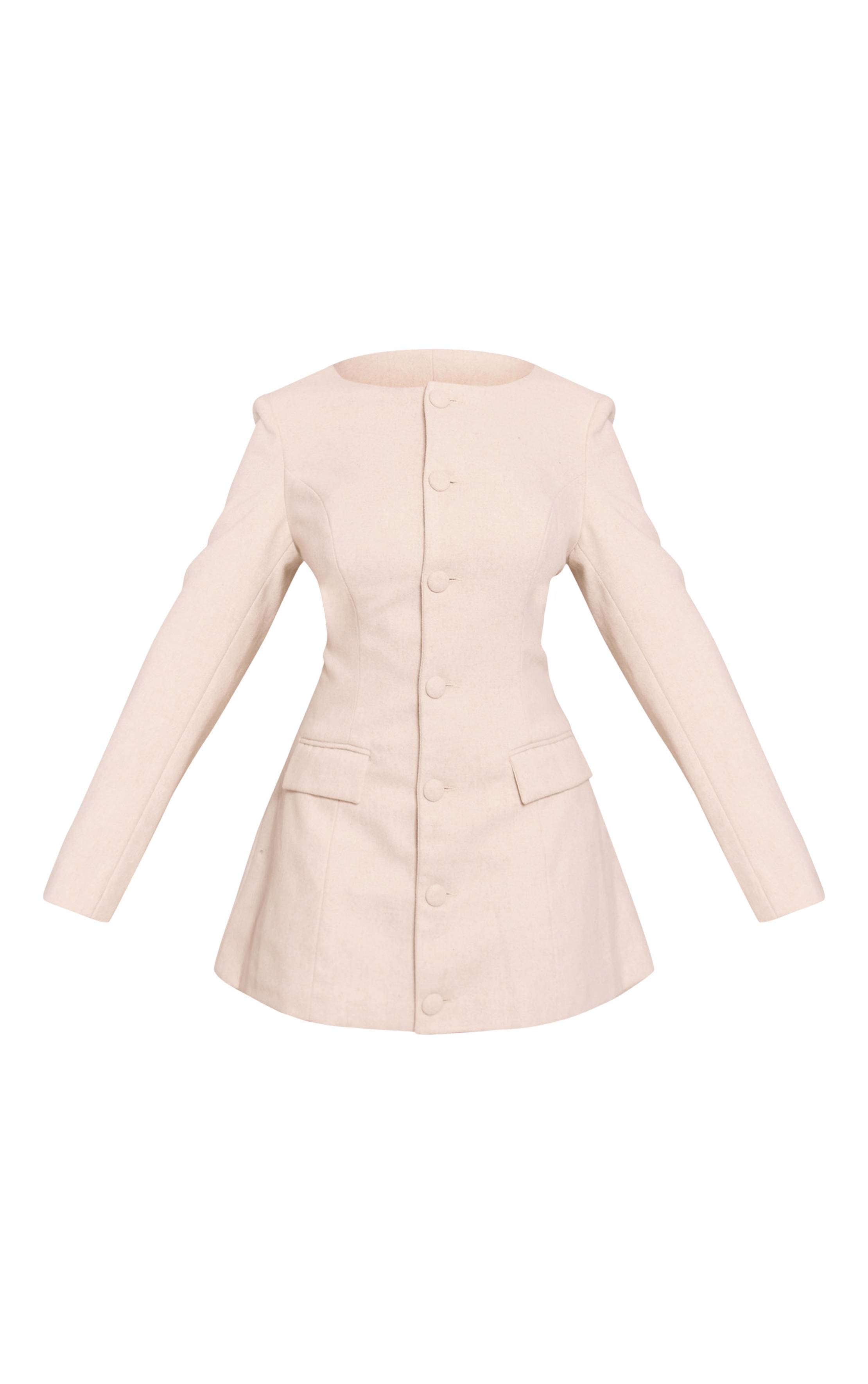 Crème Robe Blazer Cintrée Aspect Laine Boutonnée Devant