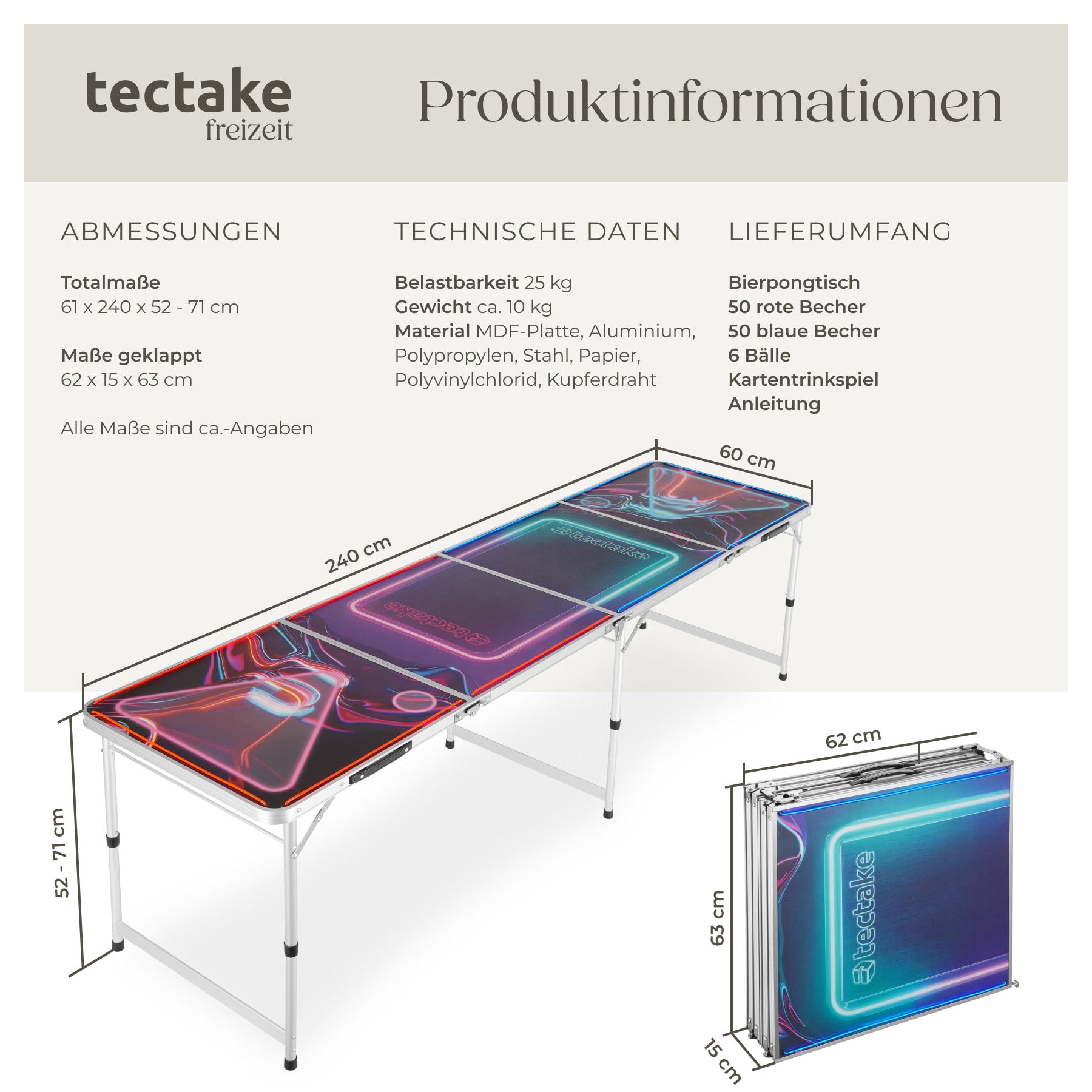 tectake® Bierpongtisch, aus Aluminium, mit LED-Beleuchtung, bodenschonende Kunststofffüße, inklusive 100 Bechern, 6 Bällen und Kartentrinkspiel