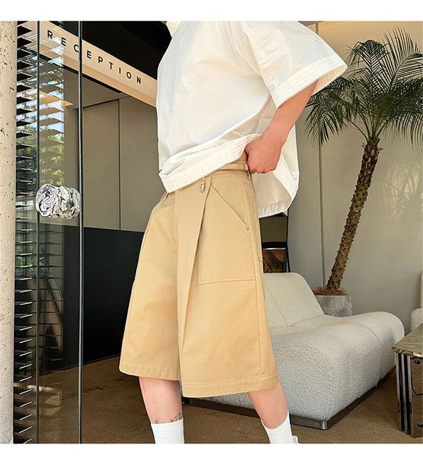 Omozando - Mid Rise Plain Capri Wide Leg Cargo Pants