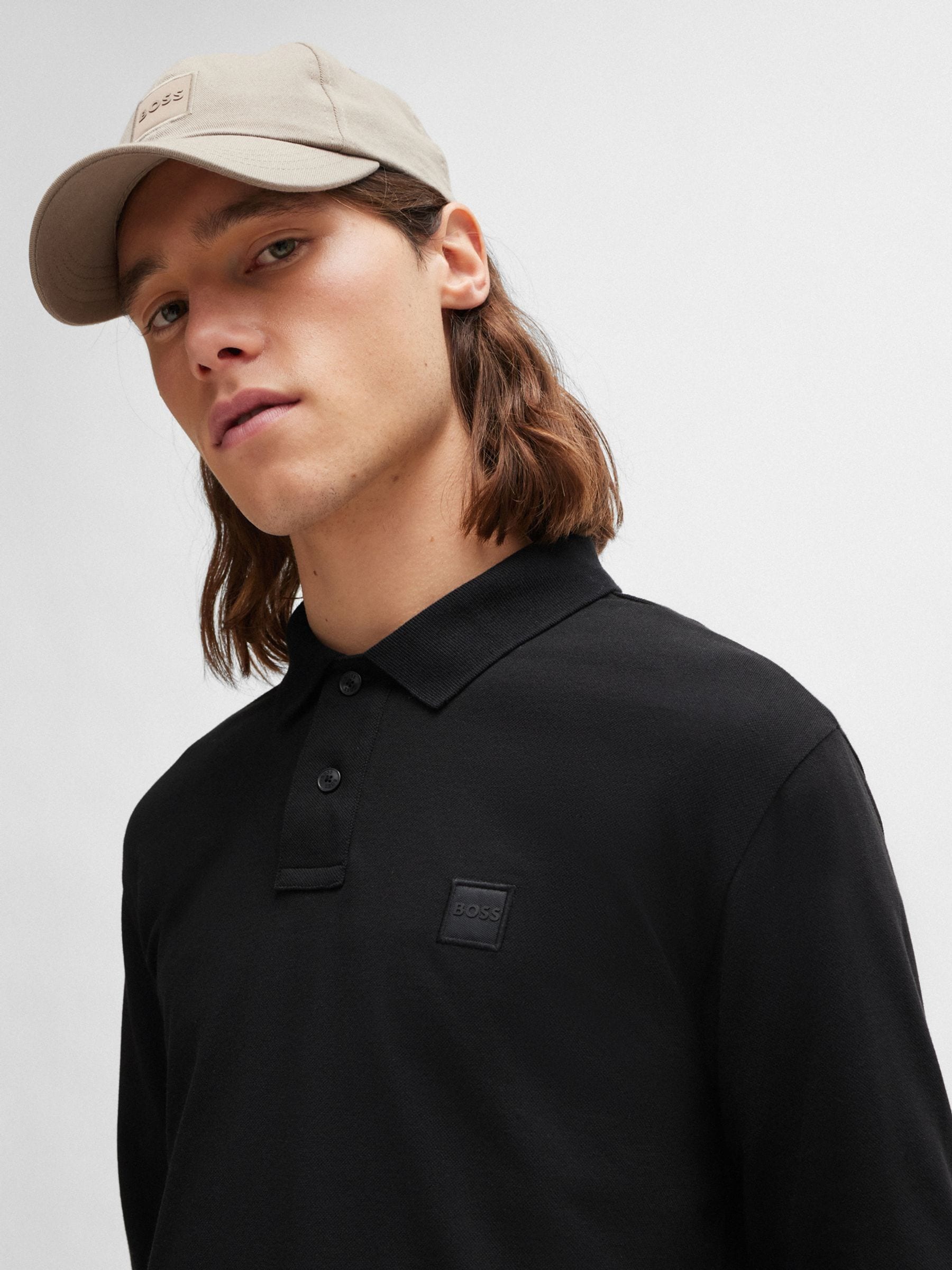 Zwart - BOSS Passerby Box Logo Long Sleeve Polo Shirt
