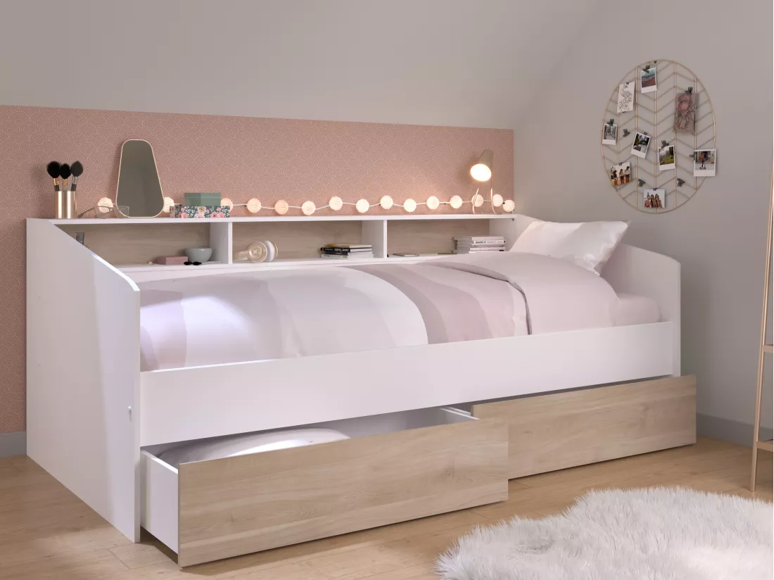 Lit 90 x 190/200 cm avec rangements - Blanc et naturel + Sommier - PAULETTE
