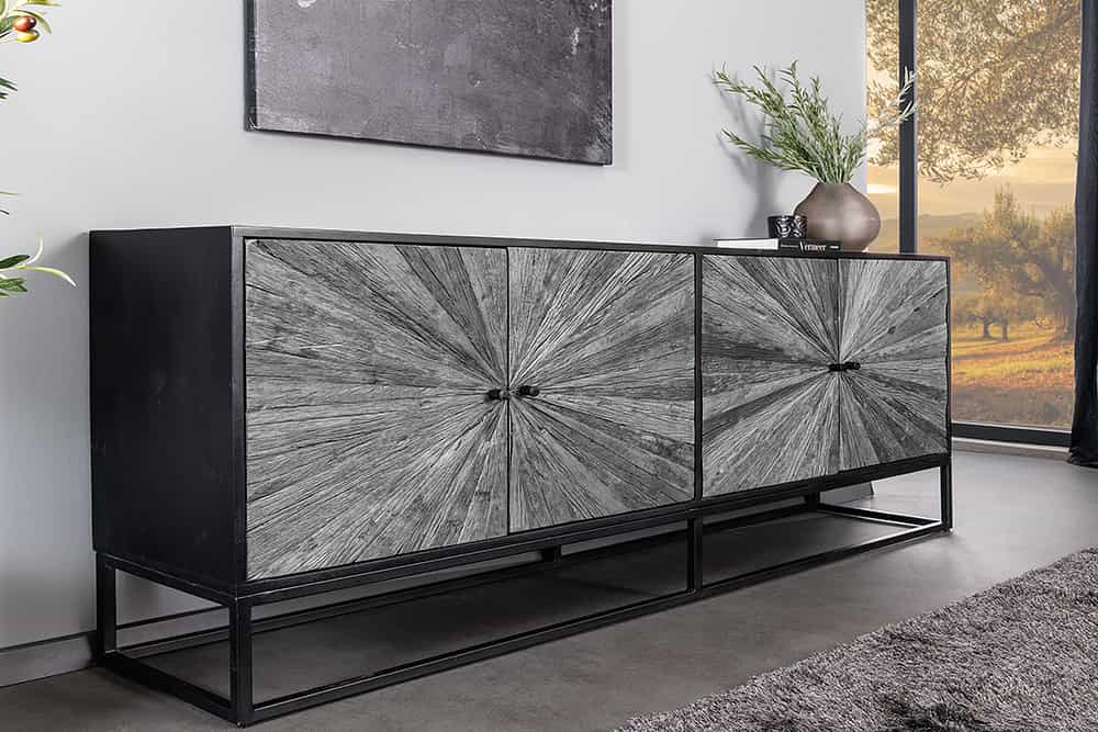 Massives Sideboard BARRACUDA 180cm grau Mangoholz mit Teakholz-Front schwarz Metall