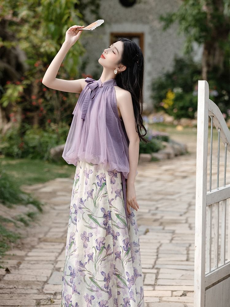 Nebbia - Mouwloze blouse met col en effen kleur / Hoge taille bloemen midi-rok / Set