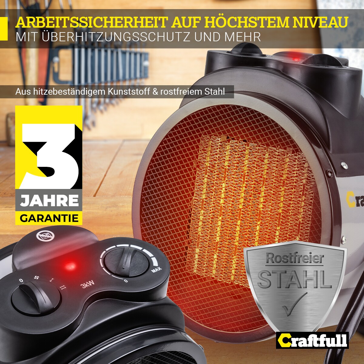 Craftfull Keramik-Heizlüfter HL1000, 2000/3000 Watt, Überhitzungsschutz, Thermostat, Tragegriff (3000 Watt)