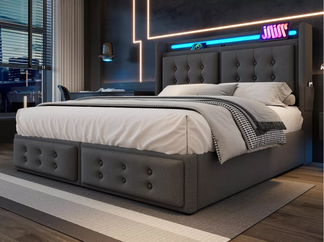 Lit coffre 180x200cm en tissu lin - avec LED et Ports de recharge - Gris