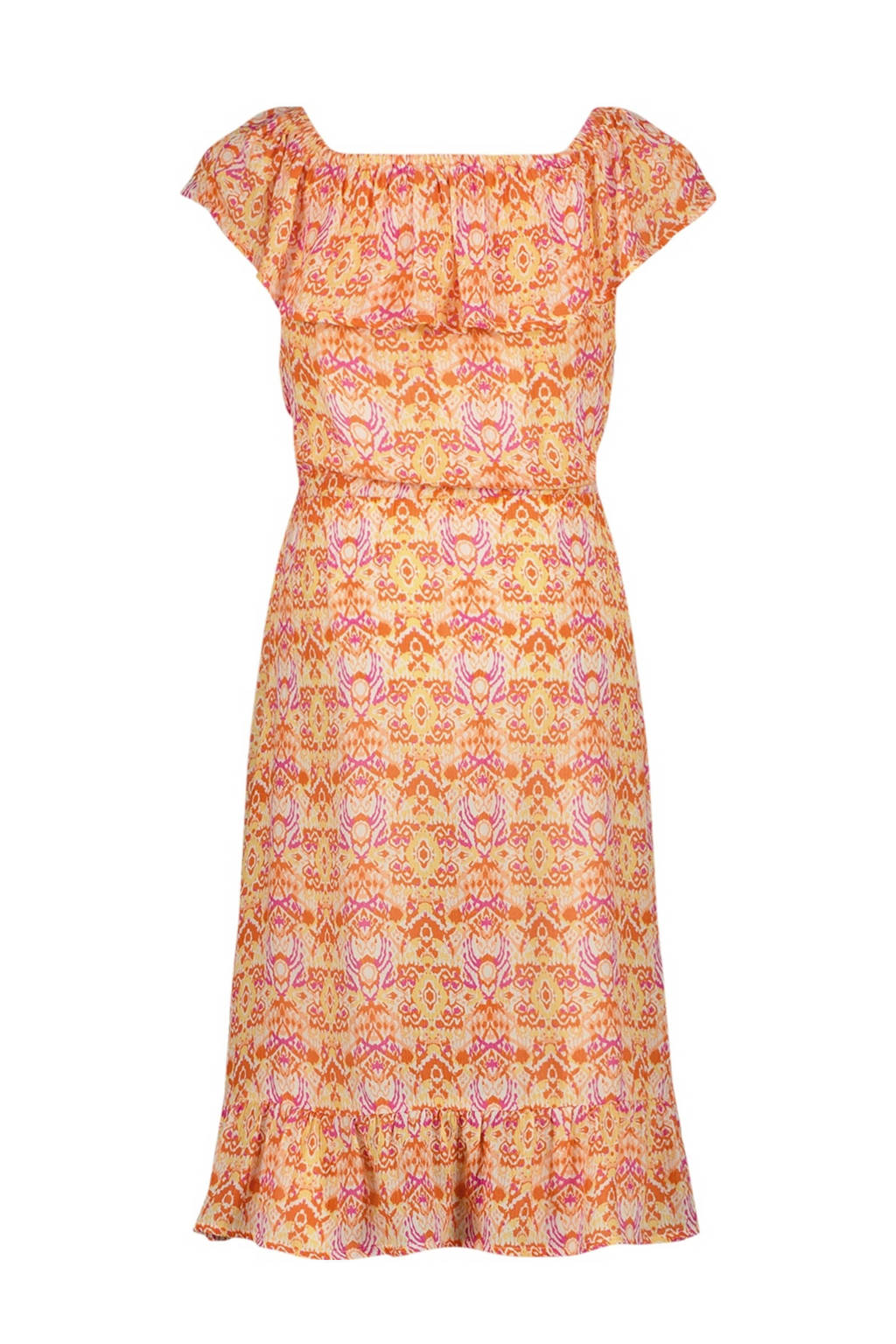Vingino off shoulder jurk Peninah met all over print en volant oranje/roze/geel