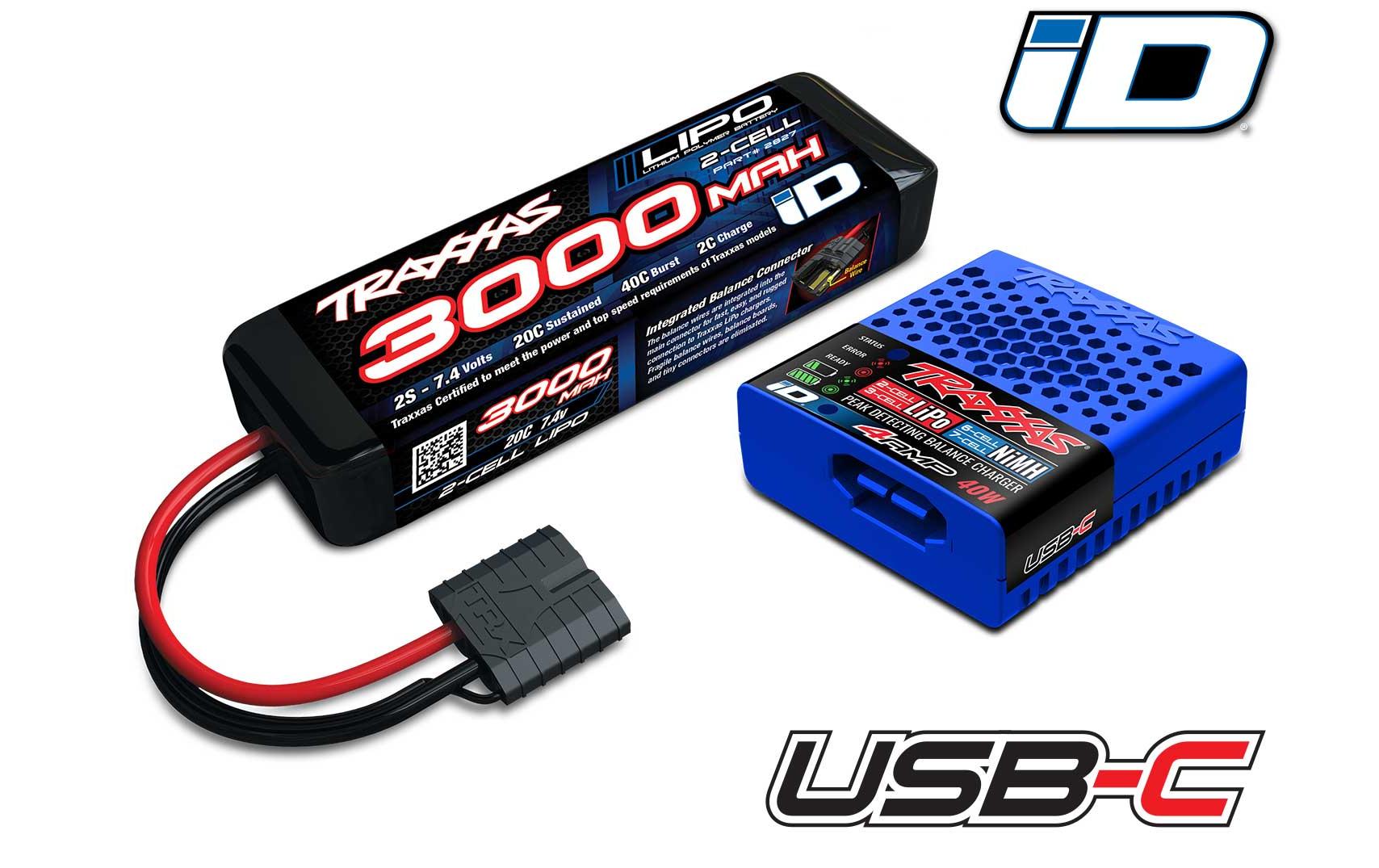 USB-Ladegerät Combo EZ-Peak 40W 2S 3000 mAh LiPoUSB-C Ladegerät mit 2S LiPo Akku für Traxxas Modelle
