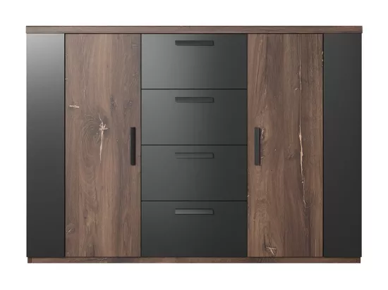 Commode design 2 portes et 4 tiroirs – 130 cm – Chêne foncé et noir – Collection FOX