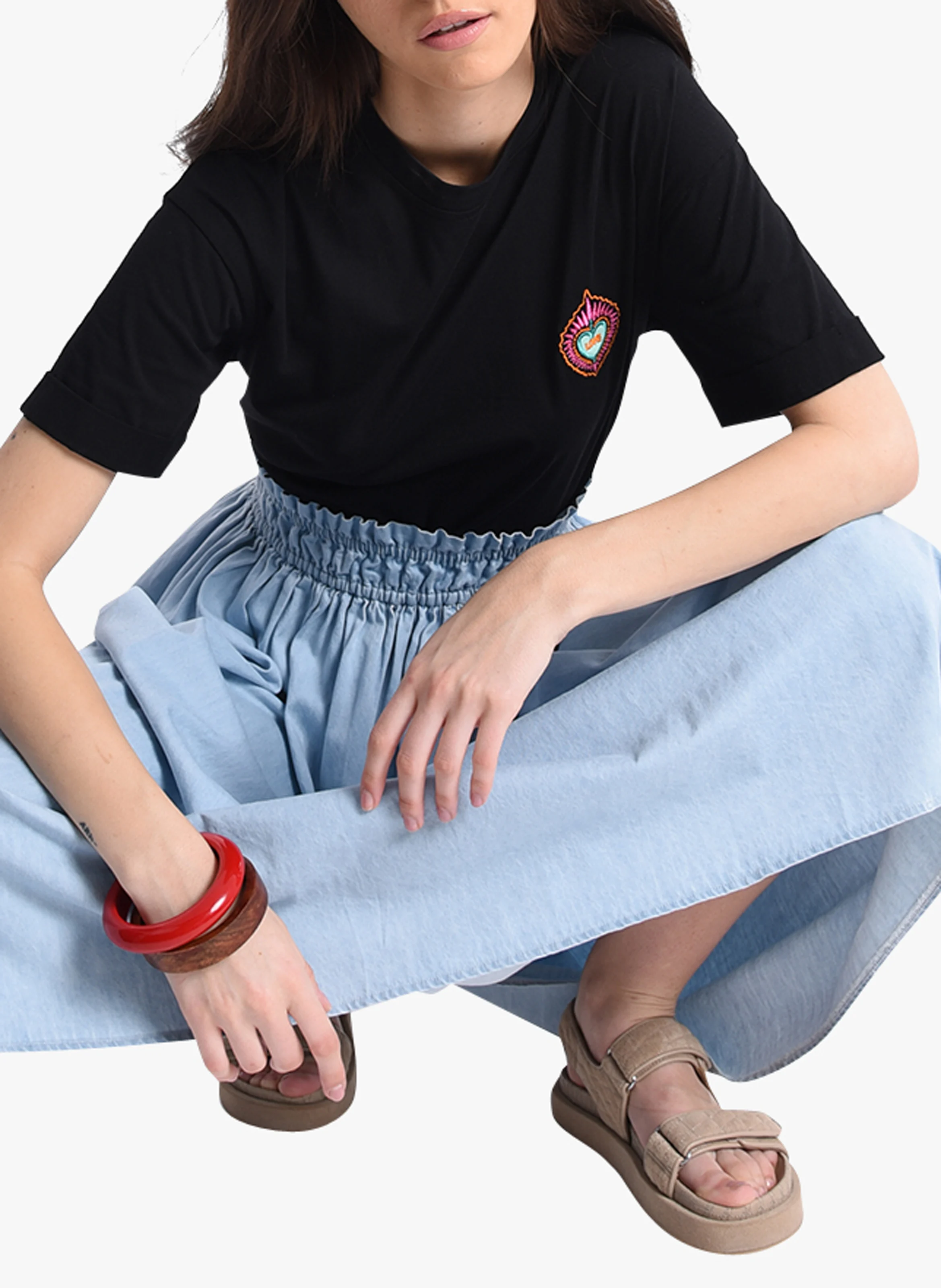 Tee-shirt col rond brodé en coton| Noir