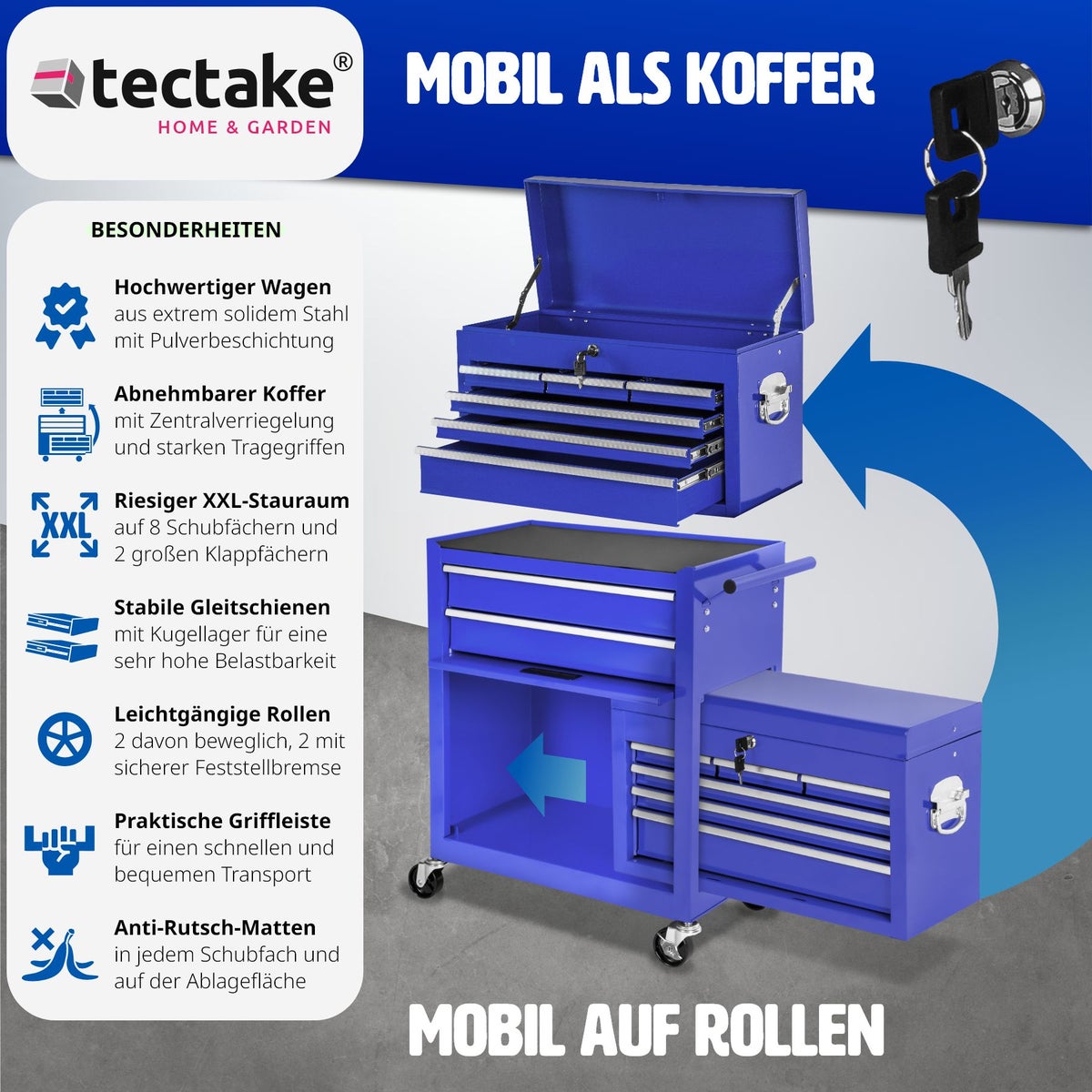 tectake gereedschapswagen met 8 kogelgelagerde laden met antislipmatten en wielen met een diameter van 100 mm.