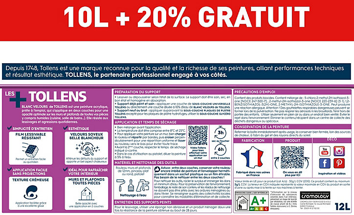 Peinture bicouche murs et plafonds velours blanc Tollens 10L+20% gratuit
