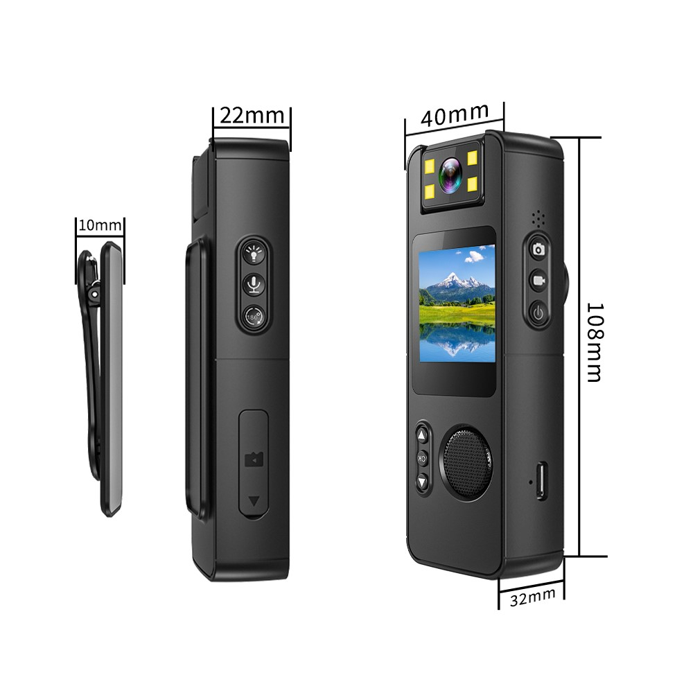 Mini 1080p Sport-Kamera Bodycam mit Sprachaufzeichnung / Taschenlicht / MicroSD Slot / 180° Blickwinkel und Clip-Halter - Schwarz