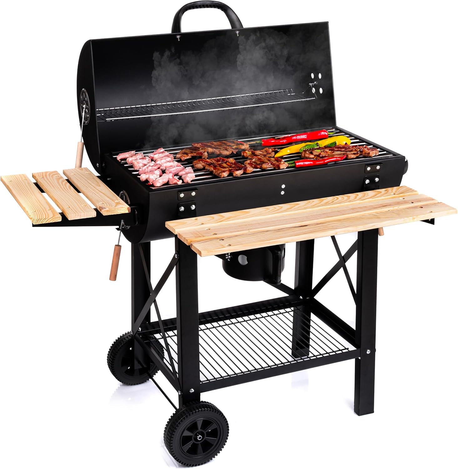 LEHMANN Holzkohlegrill mit Grillrost XL, Grillwagen mit 2 Holzeinlegeböden, Deckel, Rädern und nicht wärmender Griff, Kohlegrill für Garten, Terrasse, Camping