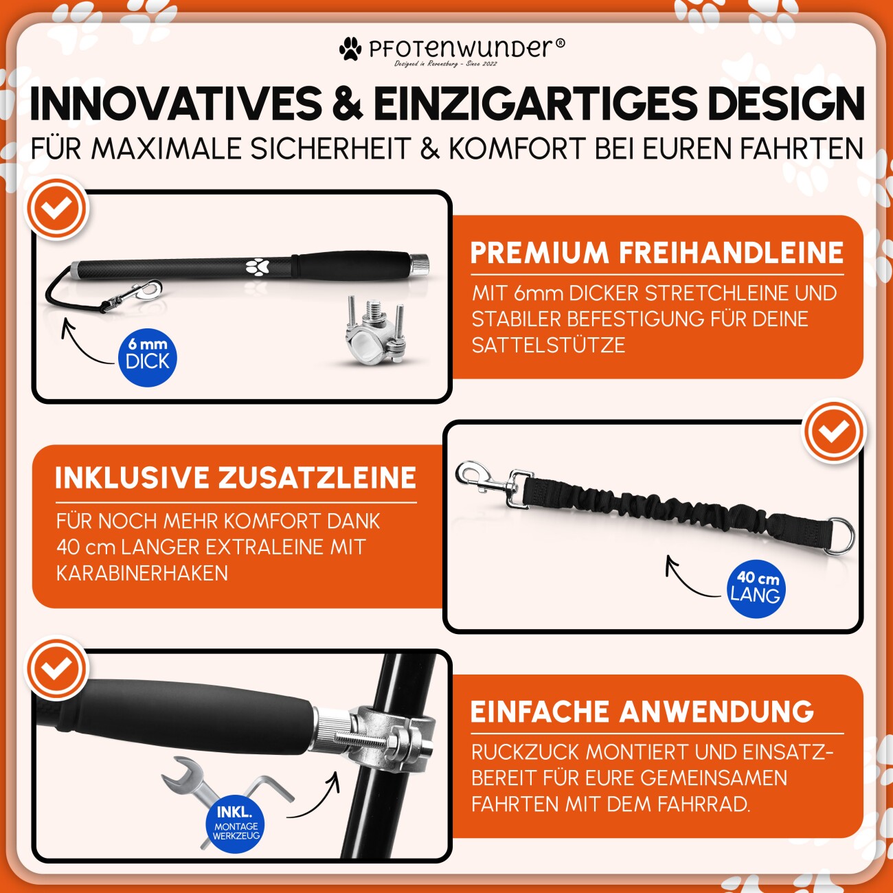 PfotenWunder® Freihandleine Fahrrad für Hunde + 1 elastische Leine & 1 Trainingsbuch, extra dicke 6mm-Leine | Abstandhalter Fahrradhalter aus hochwertige Karbonfasern mit Stoßdämpfern