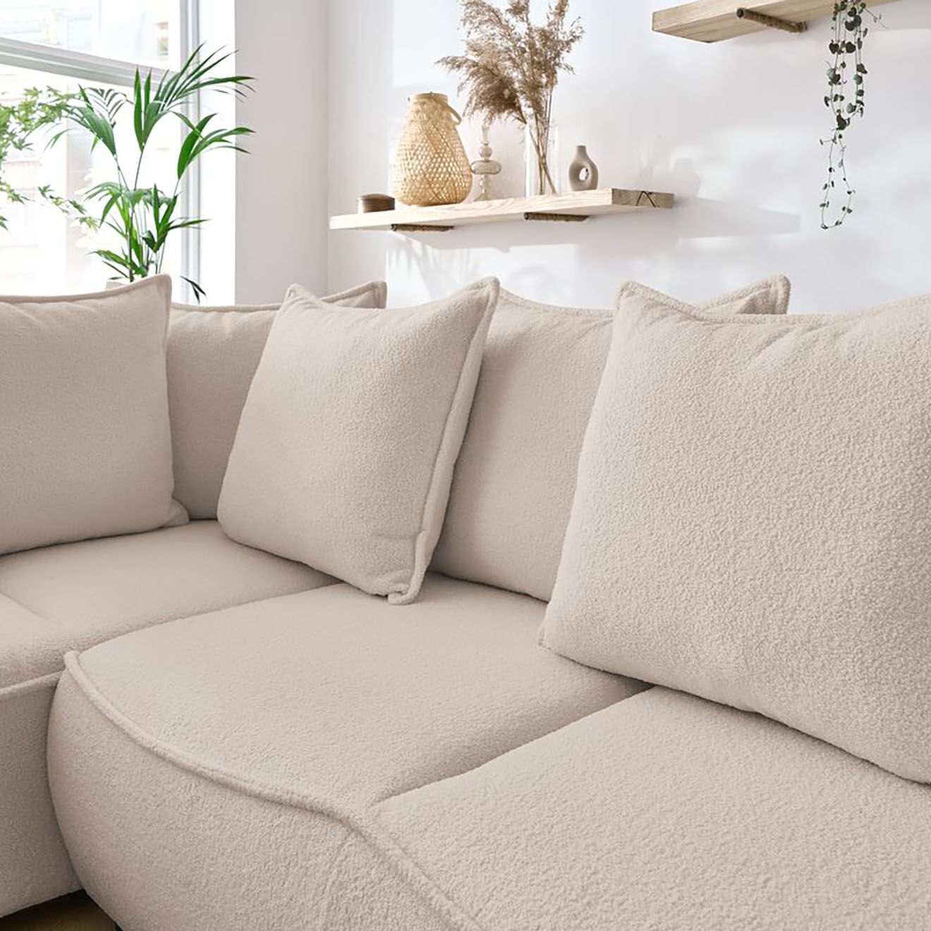Bobochic Canapé d'angle L gauche convertible bouclette Léon beige - 257x90x194 cm