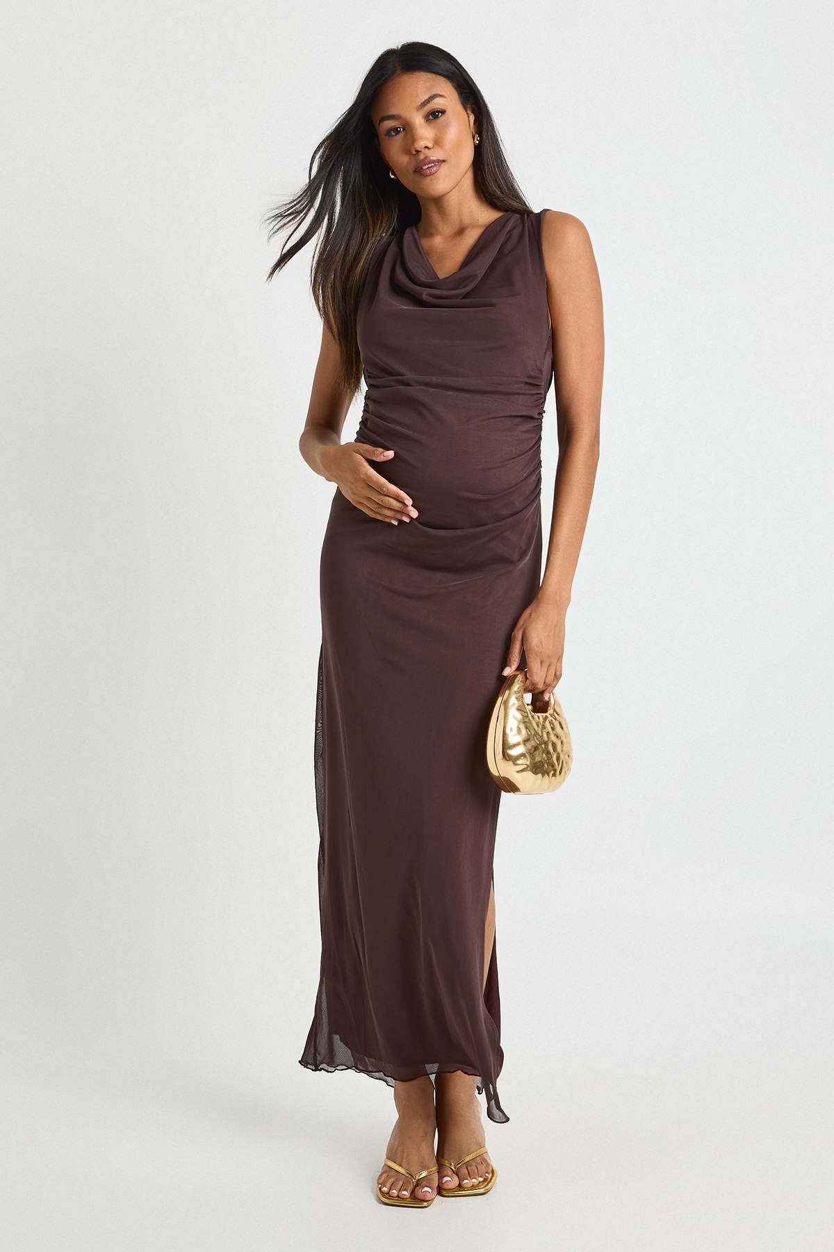 boohoo Robe Maxi De Maternité En Mesh Froncée À Col Bénitier