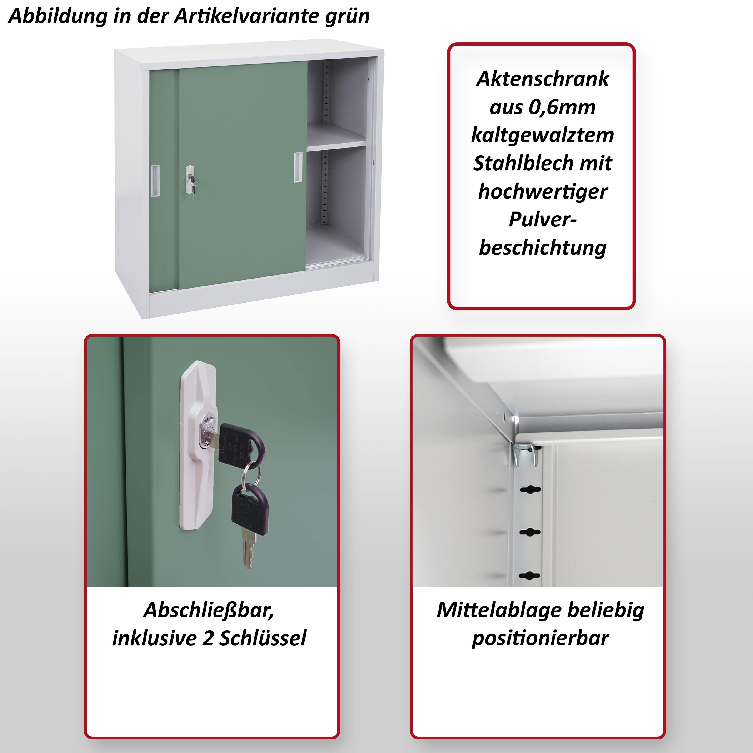 Aktenschrank Preston MCW-F41, Stahlschrank Büroschrank, mit abschließbaren Schiebetüren 90x90x45cm ~ grün