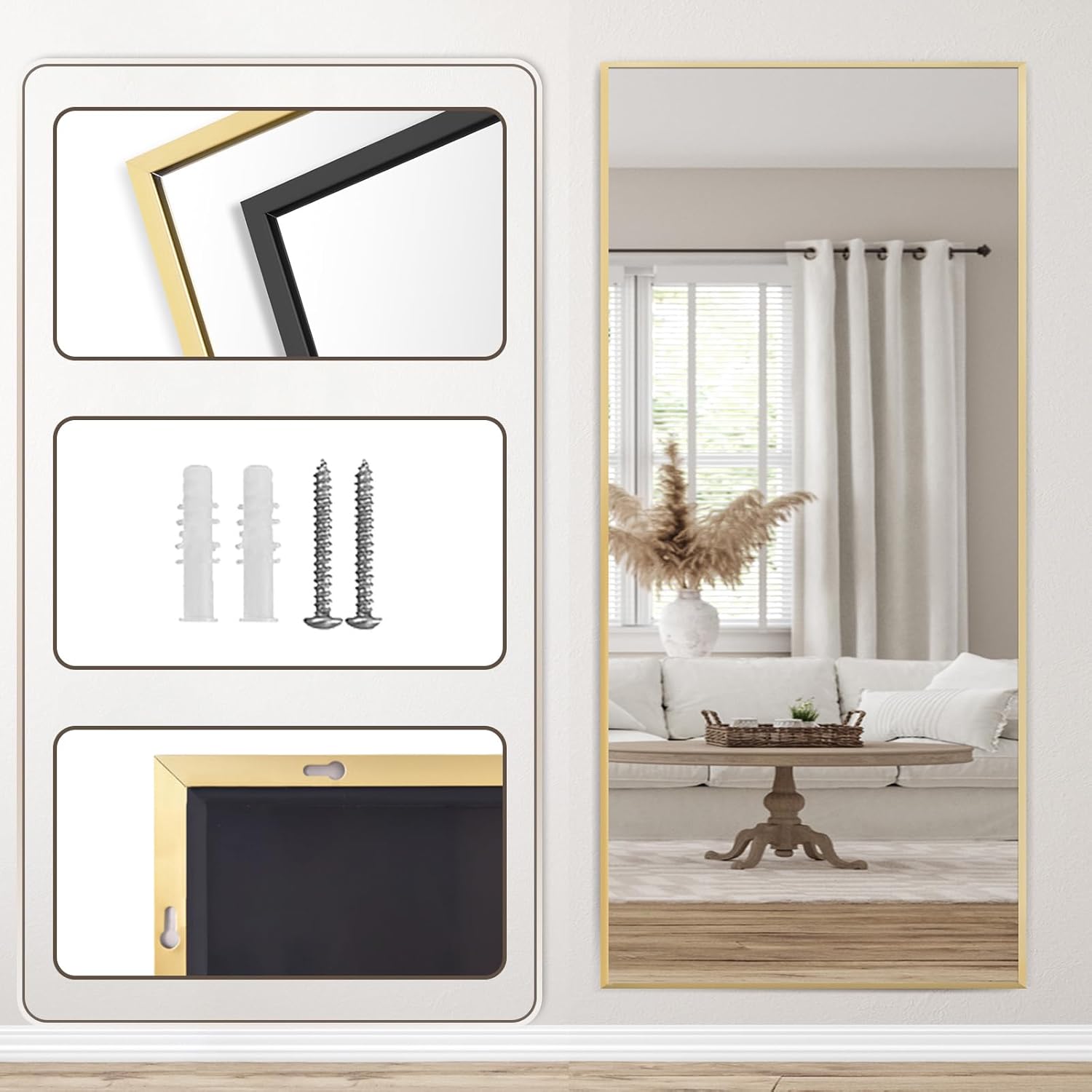Melodieux Ganzkörperspiegel 180x76cm in voller Länge Modern Großer Freistehender Spiegel Gold Aluminiumrahmen Ankleidespiegel Wandmontierter Wand Hängend Gelehnt Spiegel für Wohnzimmer Schlafzimmer