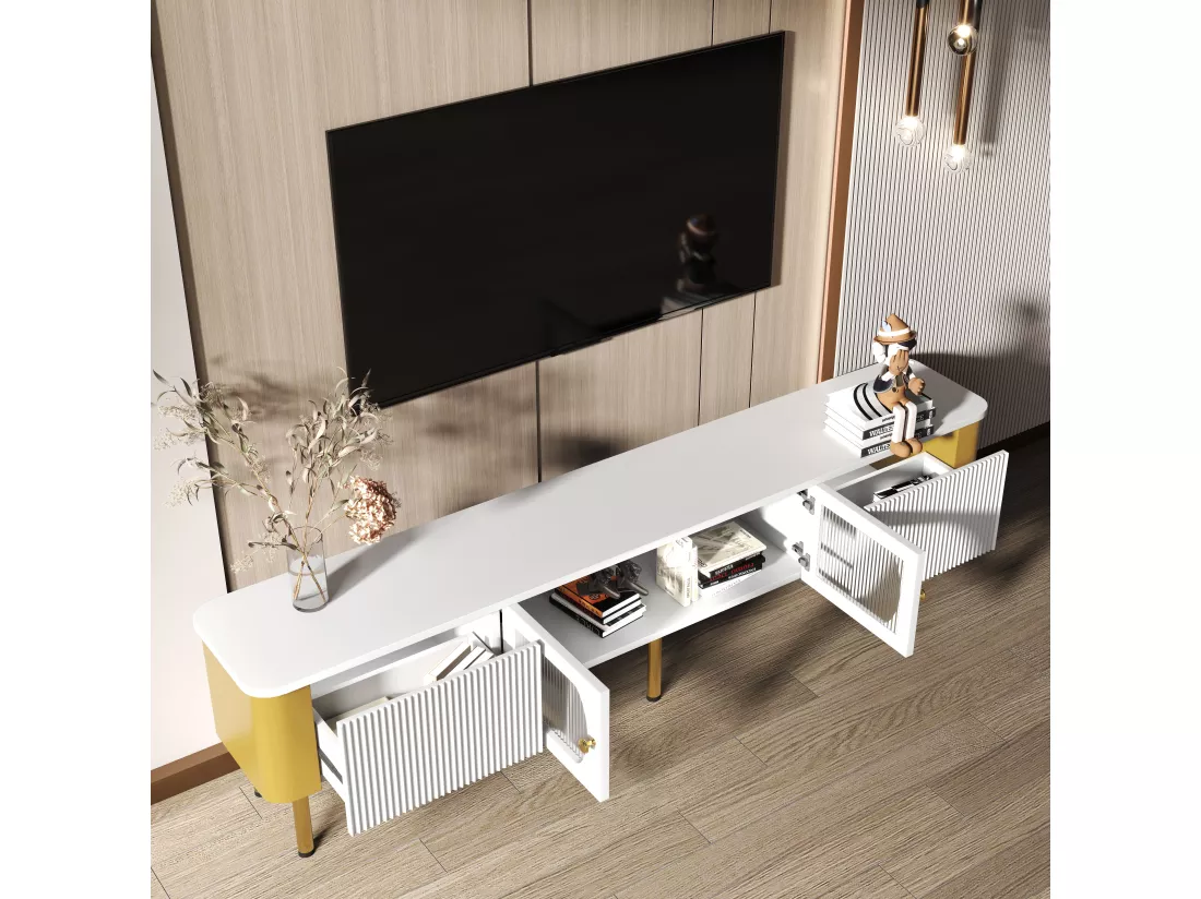 Meuble TV avec 2 portes et 2 tiroirs - 170 x 34 x 50 cm - Bois MDF - poignées et pieds dorés - Blanc