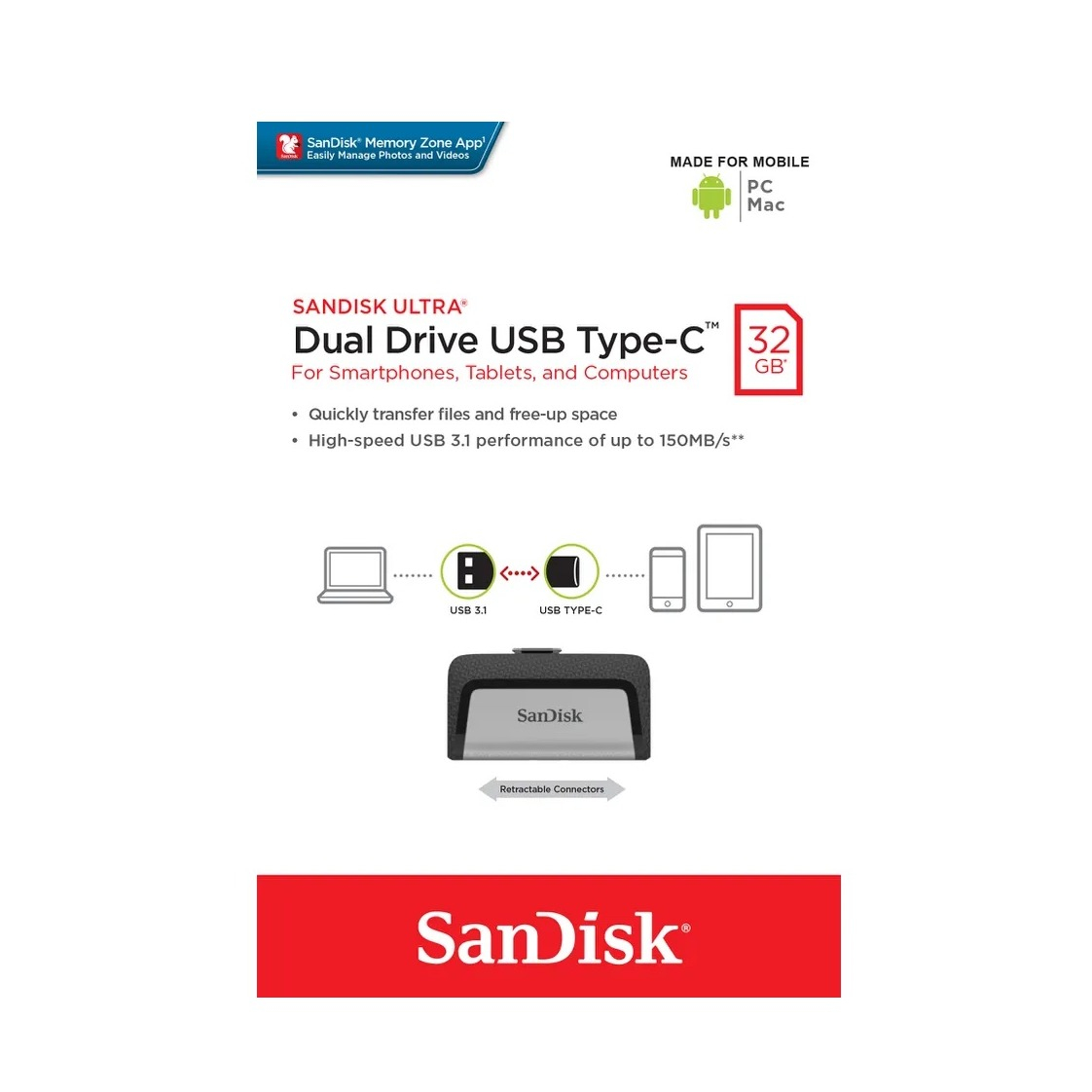 (32GB) Ultra Dual Drive USB Typ-C USB C / USB 3.1 Speicher Stick Flash Drive 150Mbps (SDDDC2-032G-G46) - Grau / Silber