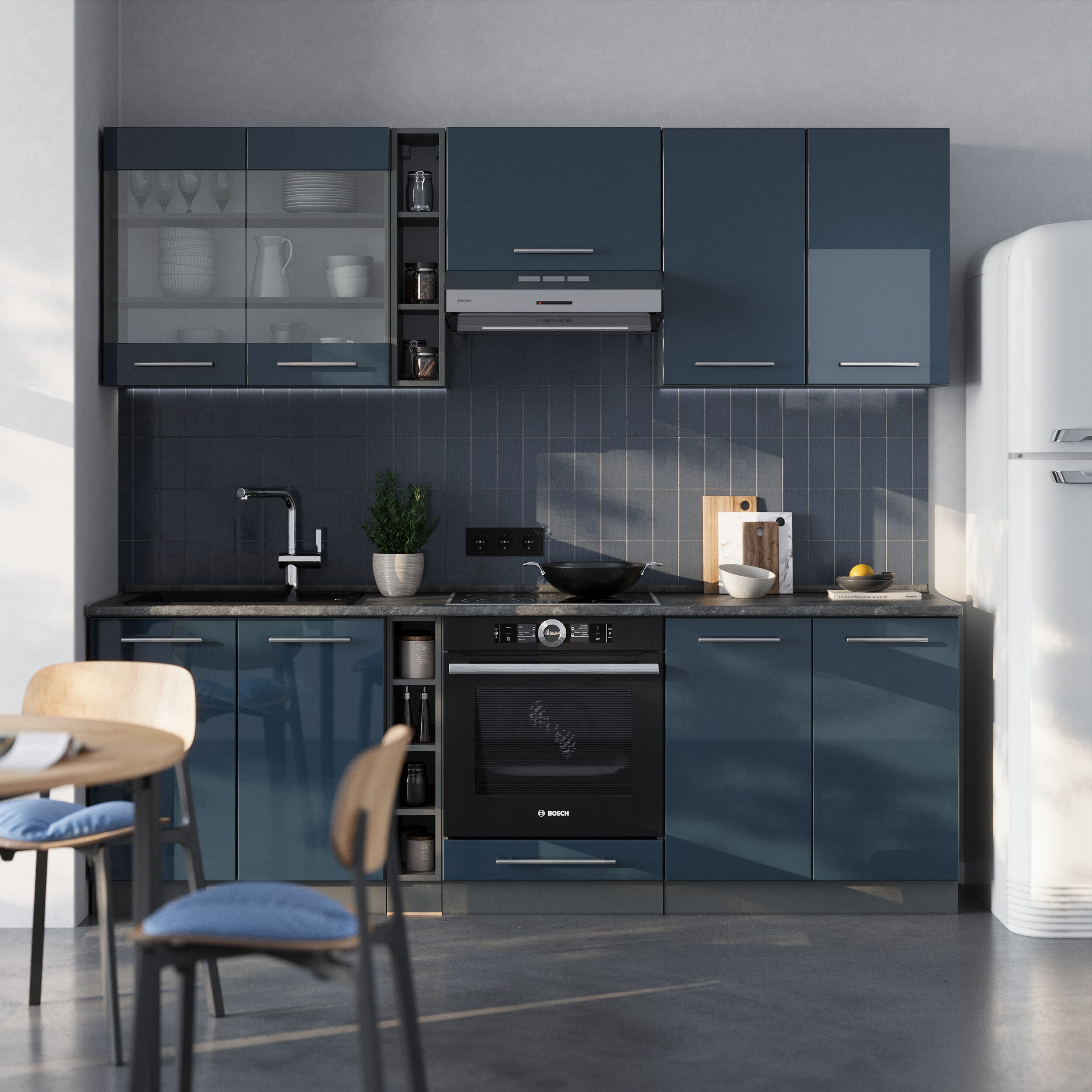 Vicco Küchenzeile Fame-Line Anthrazit Dunkelblau Hochglanz 235 cm ohne Arbeitsplatte