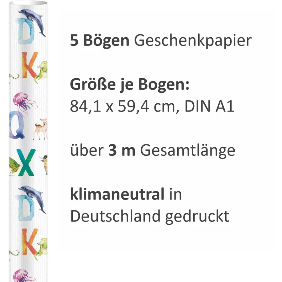 Nikima Geschenkpapier 5 Bögen Tier ABC Aquarell bunt – 1,60€qm Größe: - 84,1 x 59,4 cm bunt