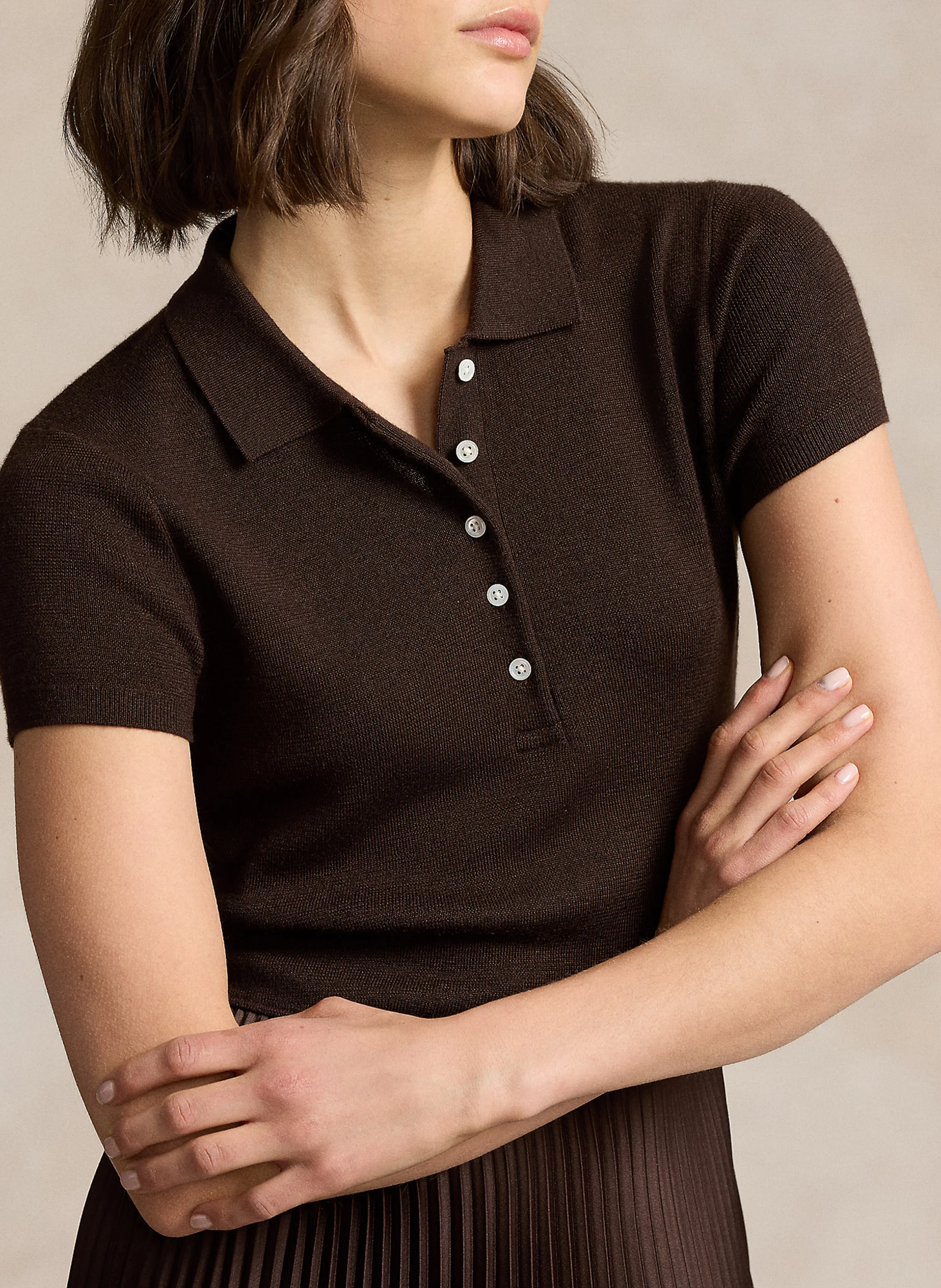 Robe longue col polo en laine soie et cachemire mélangé | Marron