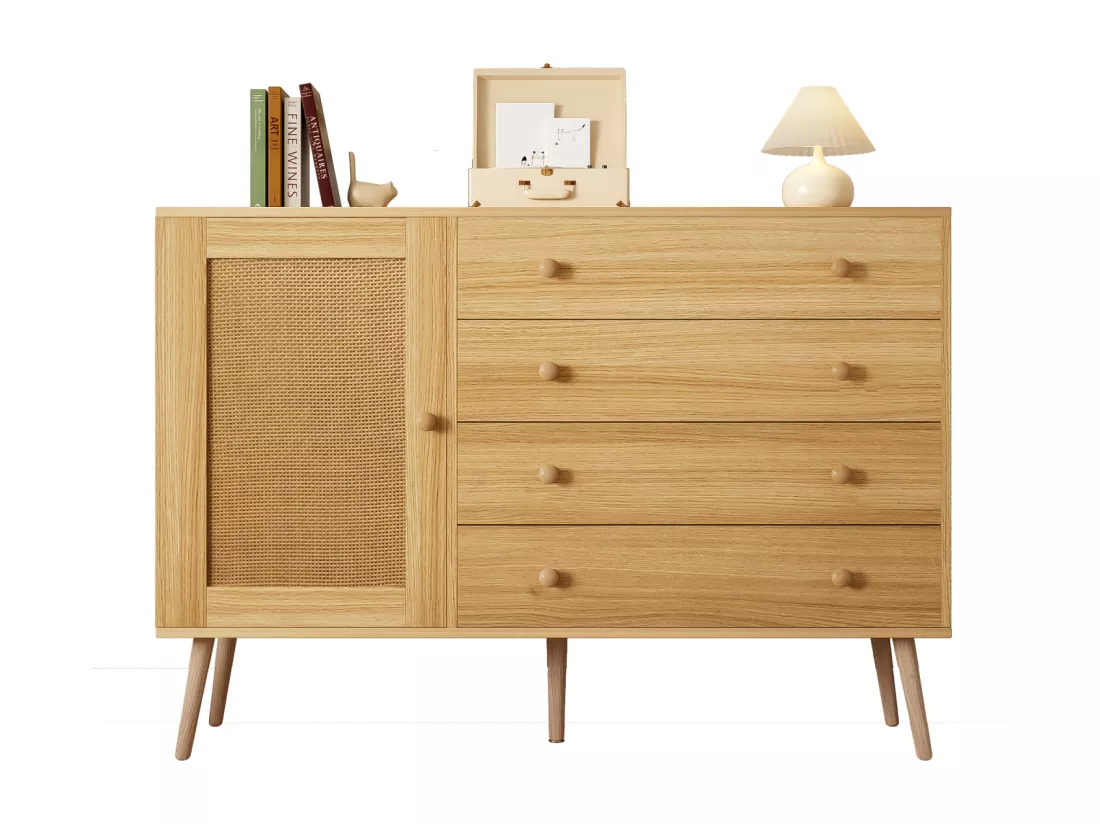 Buffet 120x40x836cm - Armoire avec 4 tiroirs et 1 porte en rotin - en bois MDF+PB - coloris bois