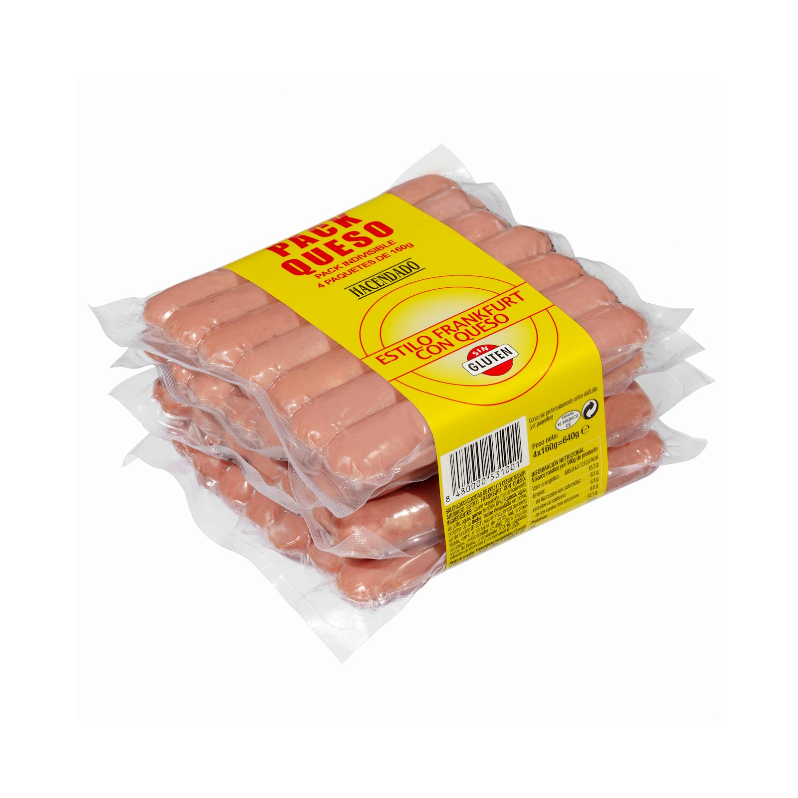 Saucisses cuites à la Francfort avec fromage Hacendado, poulet et porc fumé