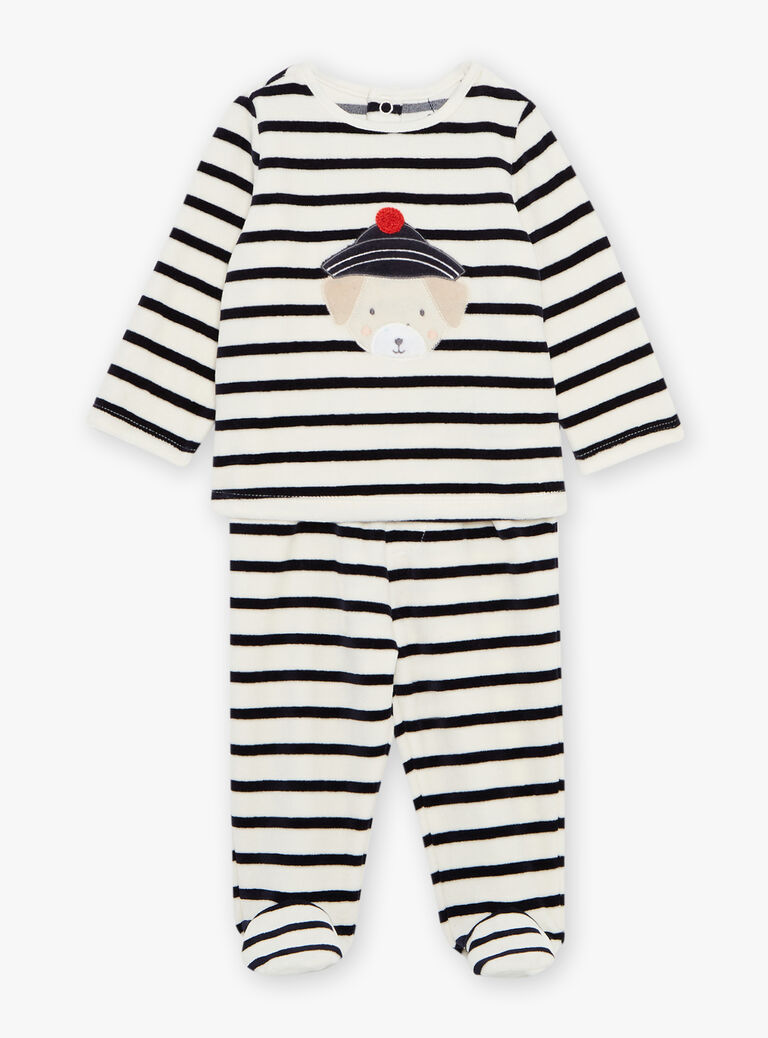 Pyjama deux pièces beige clair chiné en velours avec broderie tête de chien