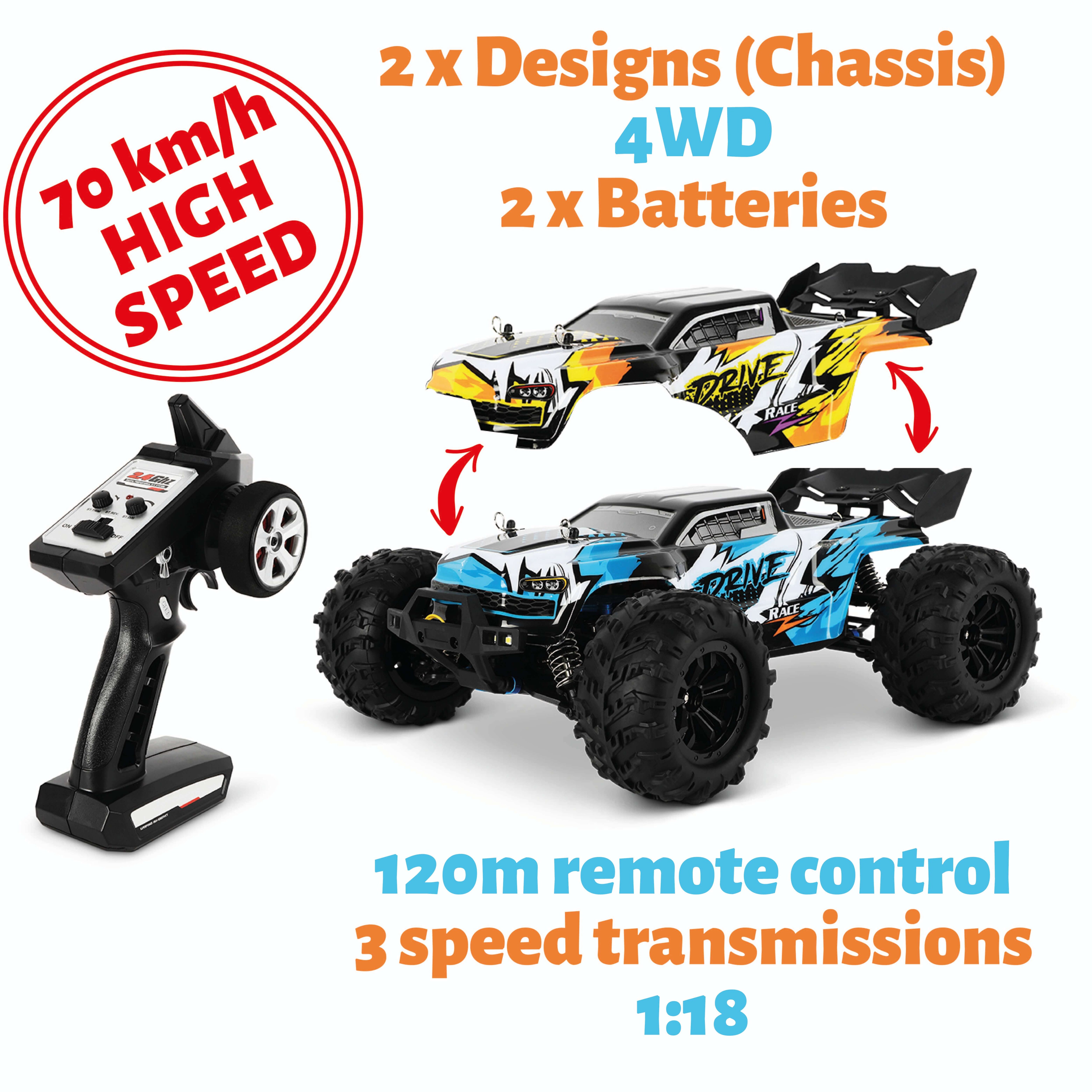 Blij´r DRIVE ferngesteuertes RC Auto 70 km/h, 2 Chassis, 1:16, 2 Akkus, Allrad, 120m