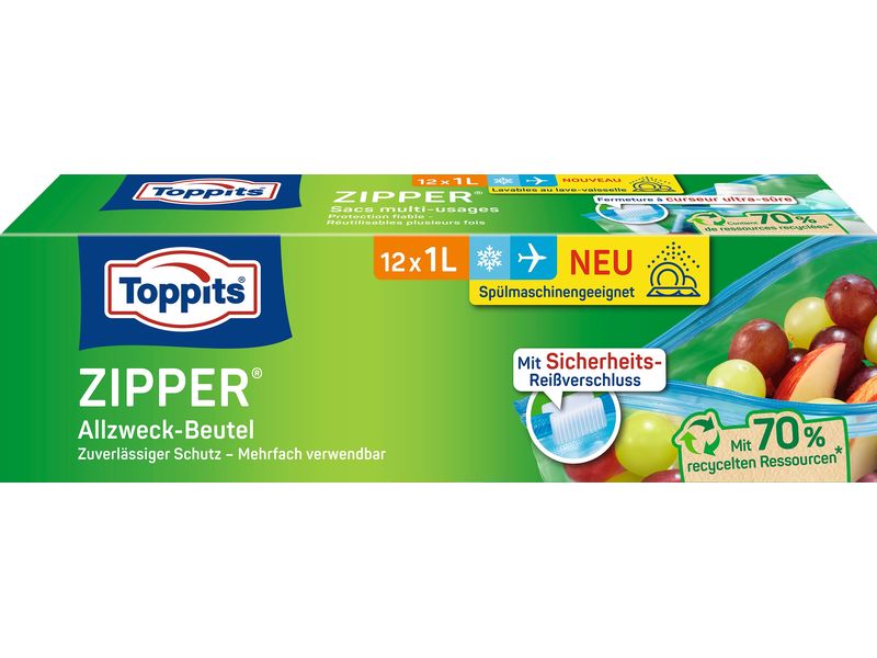 Toppits Frischhaltebeutel Zipper 15 cm x 20 cm, 12 Stück Allzweck-Beutel mit Zip-Verschluss, 1 l