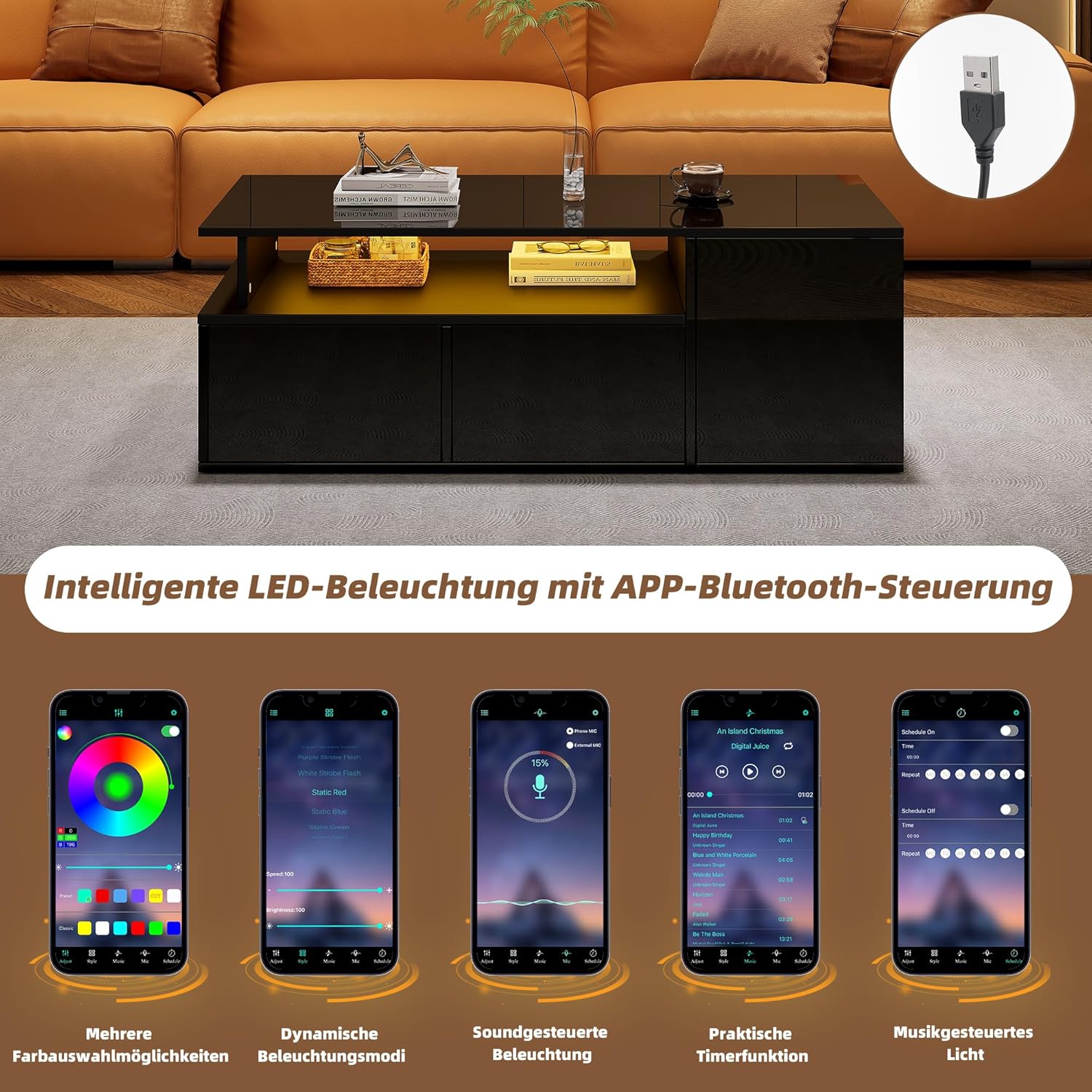 BTM Couchtisch mit LED und Stauraum 100x50x35cm 60kg Tragkraft, 2 Schubladen und 3 Seitfächer App Steuerung, Schwarz Hochglanz