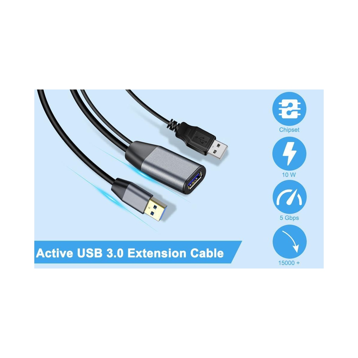 NÖRDIC Active 15m USB3.1 skjøtekabel 5Gbps USB A hann til hunn for Xbox, PS5, Oculus, skriver, skanner, Playstation, VR USB-forlengelseskabel