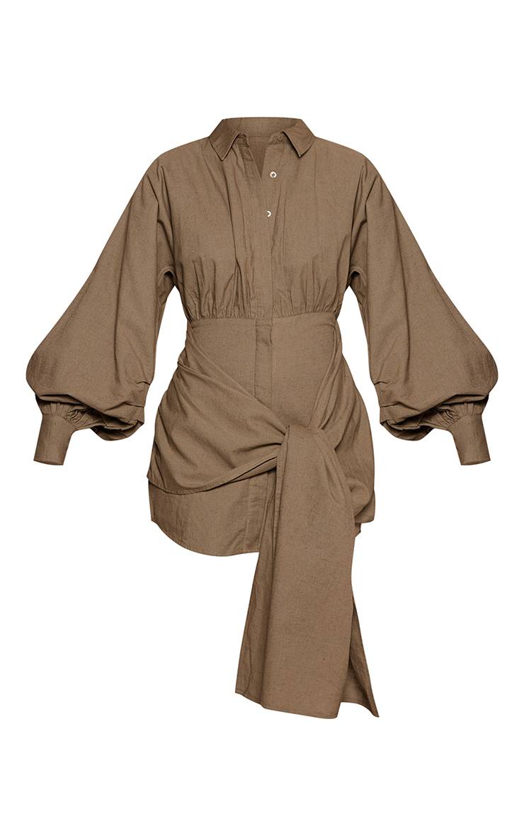 Kaki Robe Chemise Aspect Lin Avec Ceinture À Nouer