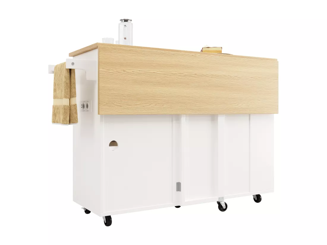 Ilot central de cuisine - chariot à roulette avec prises - avec plan extensible - 2 portes 2 tiroirs et casiers à vin - Blanc