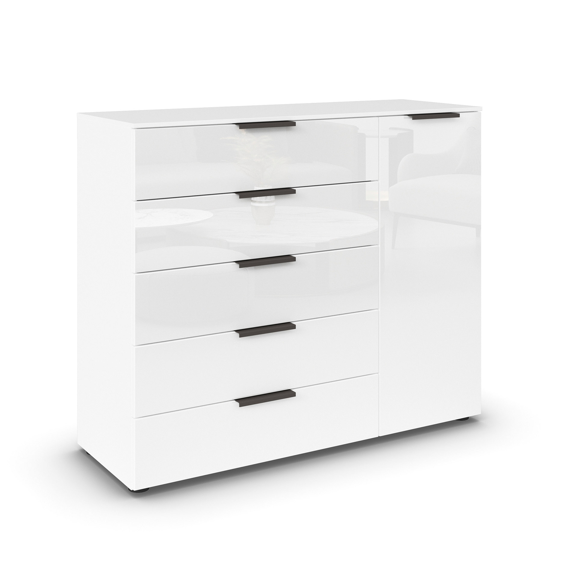 Kommode - alpinweiß-Kristallweißglas - Graphitgriffe - 120 cm