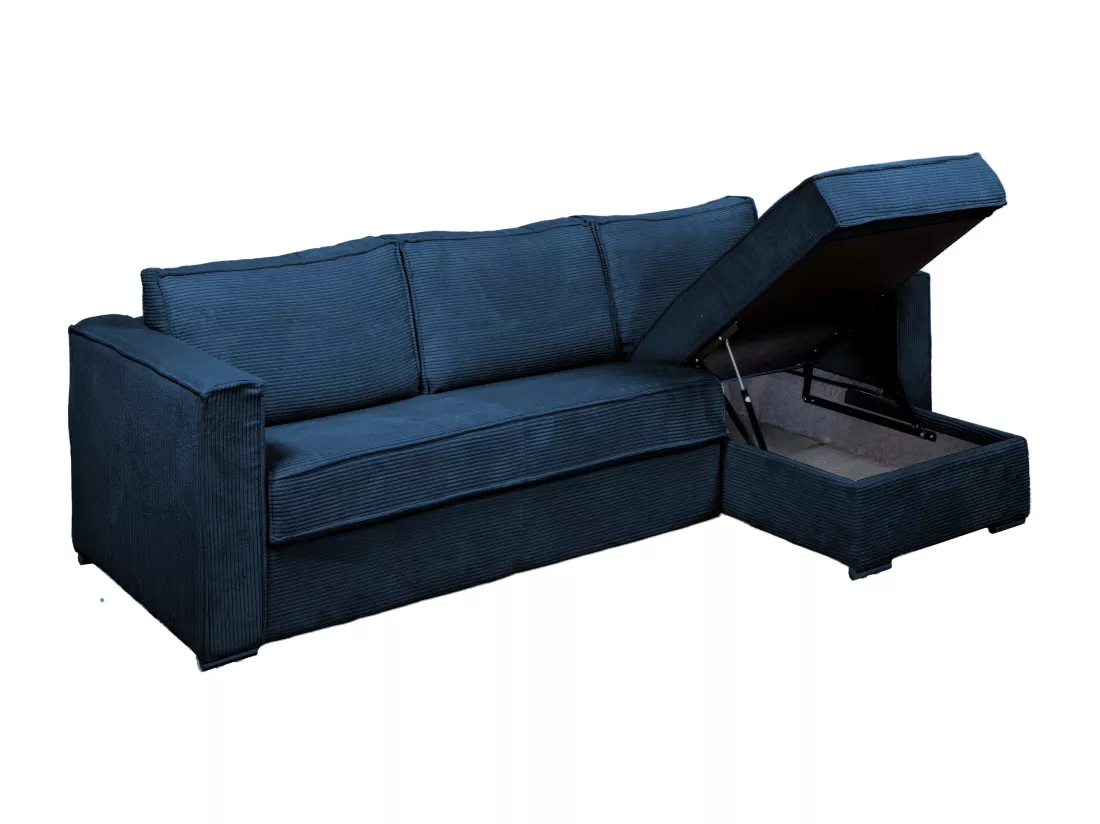 Canapé d'angle convertible express et réversible en velours côtelé bleu nuit - Couchage 140 cm - Matelas 14 cm LORETO